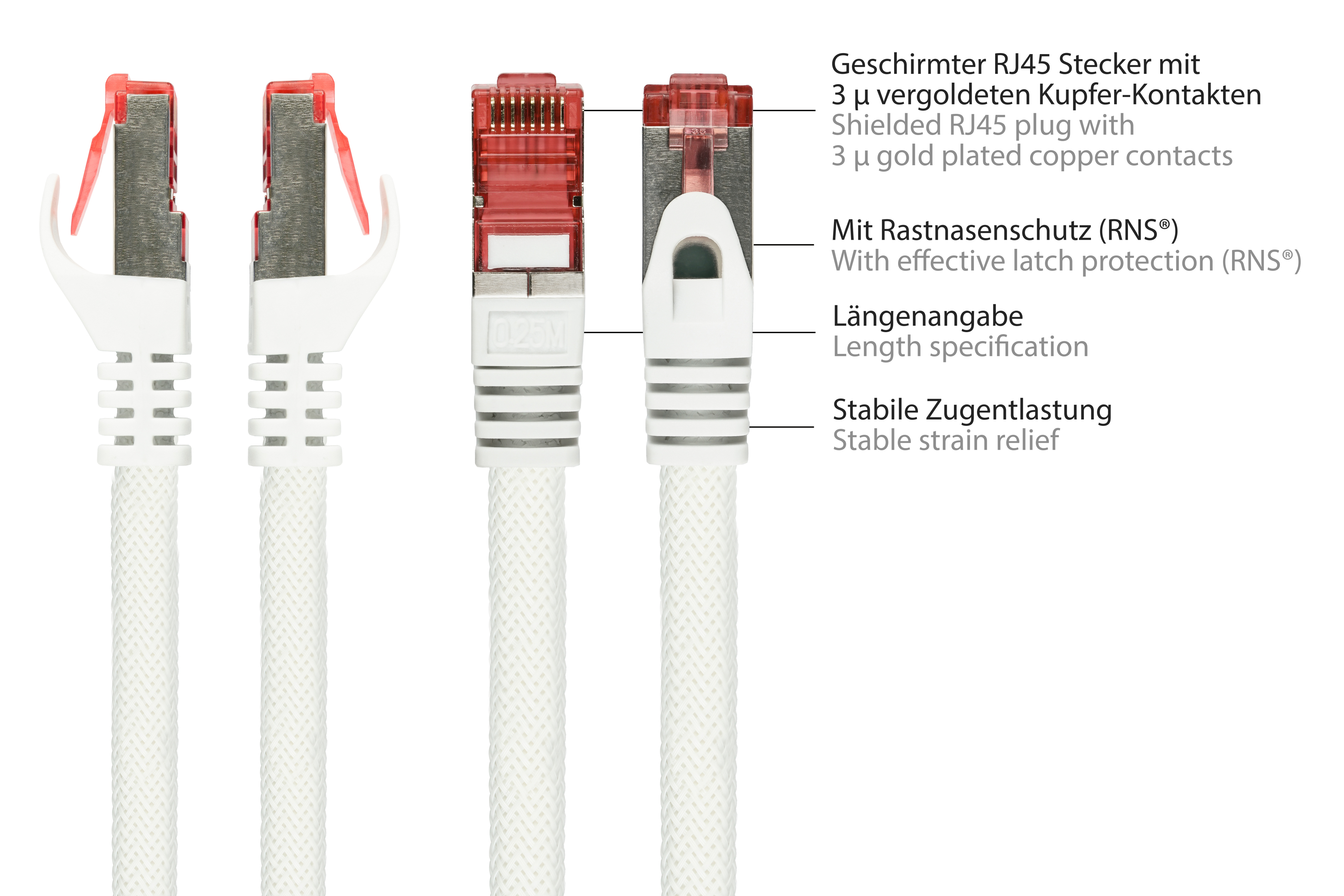 Vista ravvicinata di diversi cavi ethernet bianchi con connettori rossi. Il testo descrive le caratteristiche.