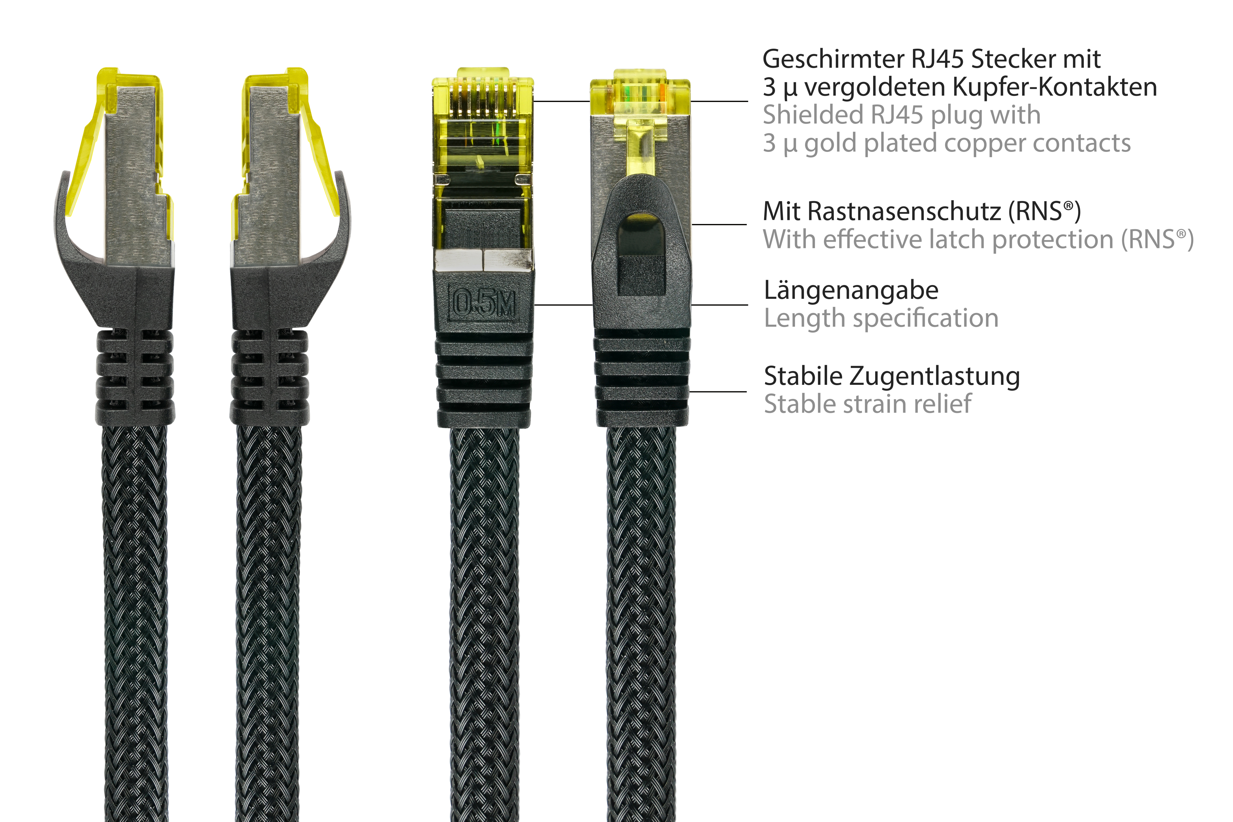 Cavi Ethernet neri con connettori RJ45, etichettati. Primo piano mostra i dettagli, inclusi i contatti placcati oro.