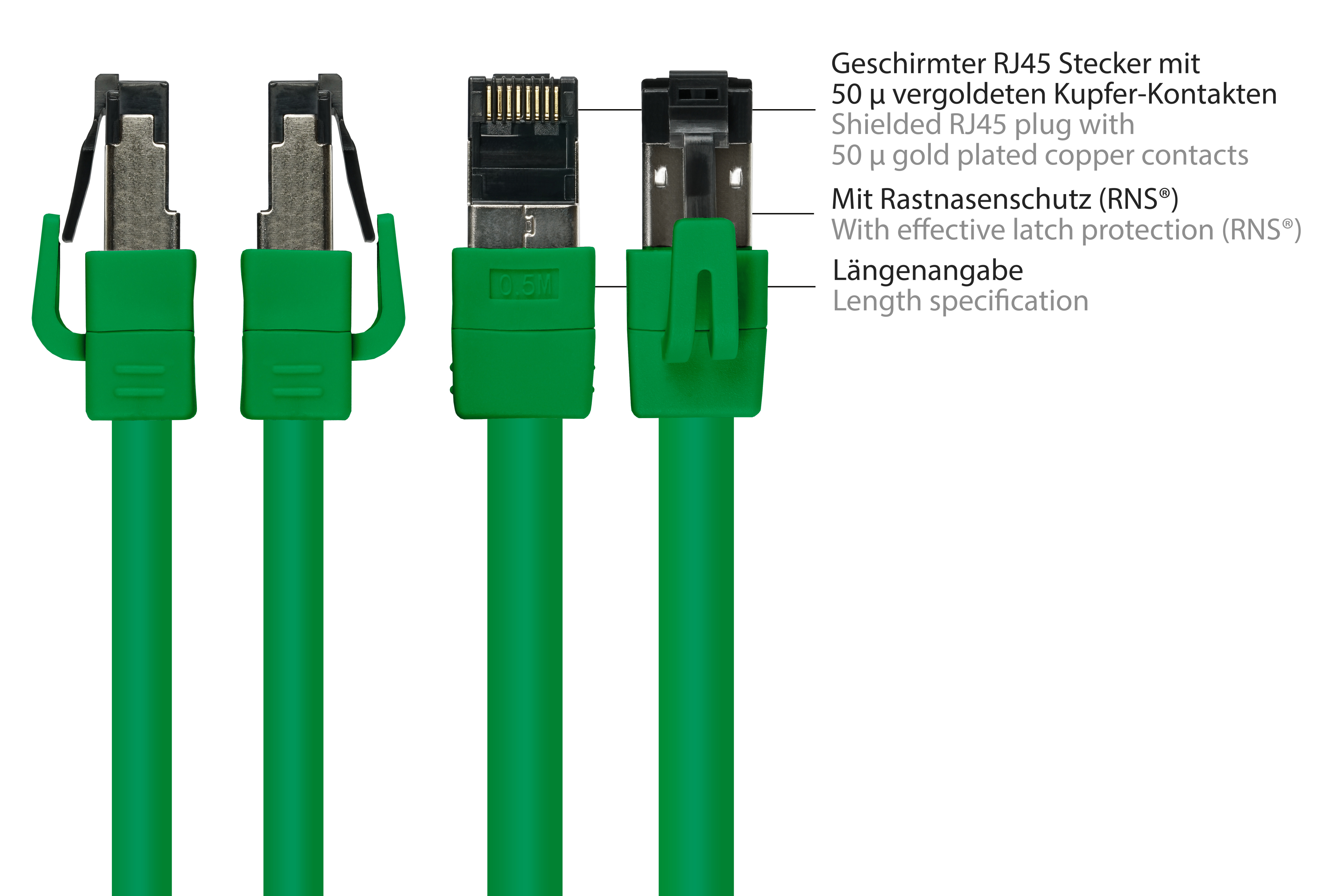 Quattro cavi di rete verdi con connettori RJ45. Il testo etichetta le caratteristiche del connettore in tedesco.
