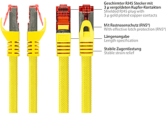 PYTHON Patchkabel mit Rastnasenschutz und Nylongeflecht, S/FTP, PVC, 250MHz, OFC, gelb, Netzwerkkabel, 15 m
