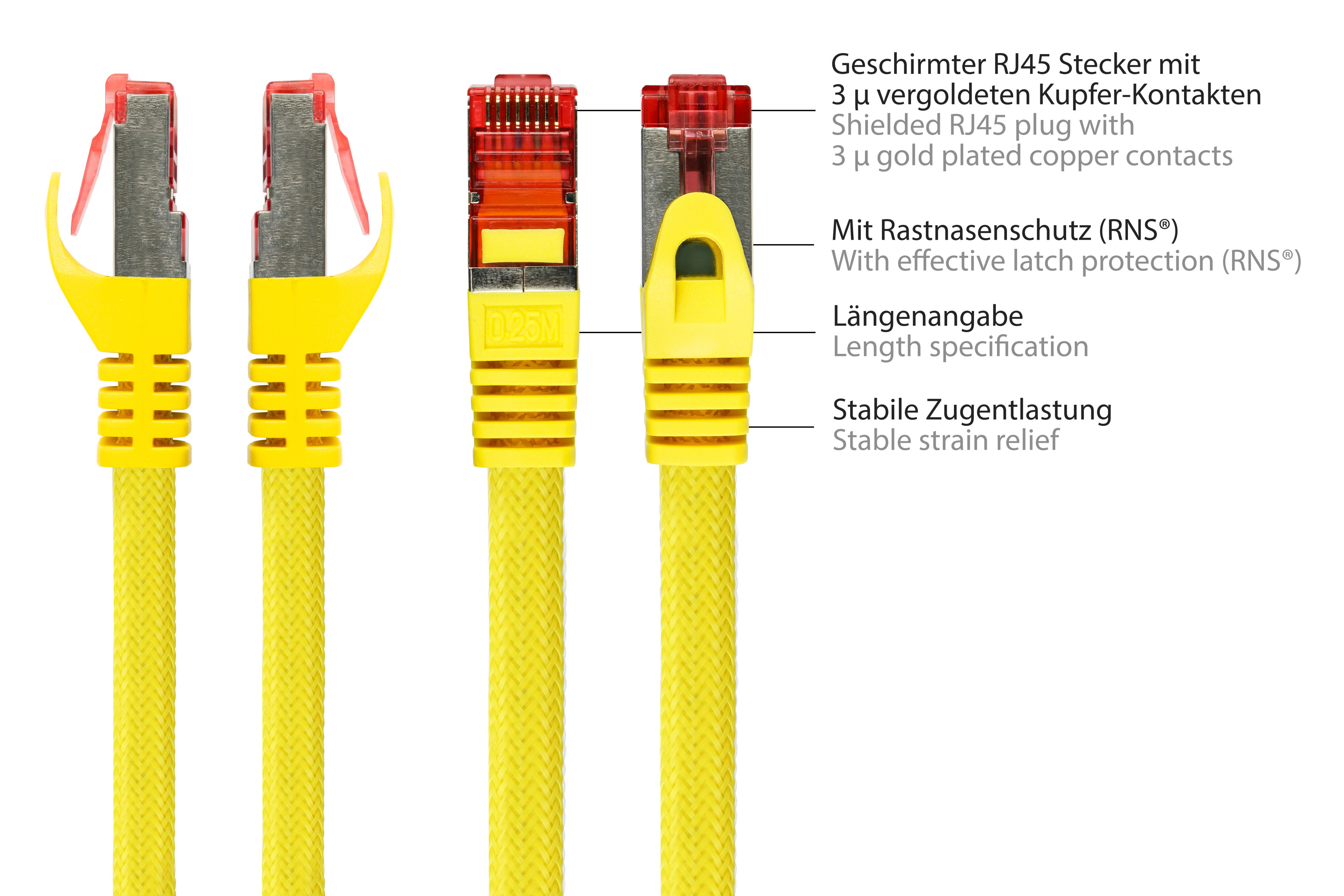 Cavi Ethernet gialli con connettori RJ45, che mostrano i dettagli della spina e del cavo.