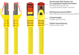 PYTHON Patchkabel mit Rastnasenschutz und Nylongeflecht, S/FTP, PVC, 250MHz, OFC, gelb, Netzwerkkabel, 1 m