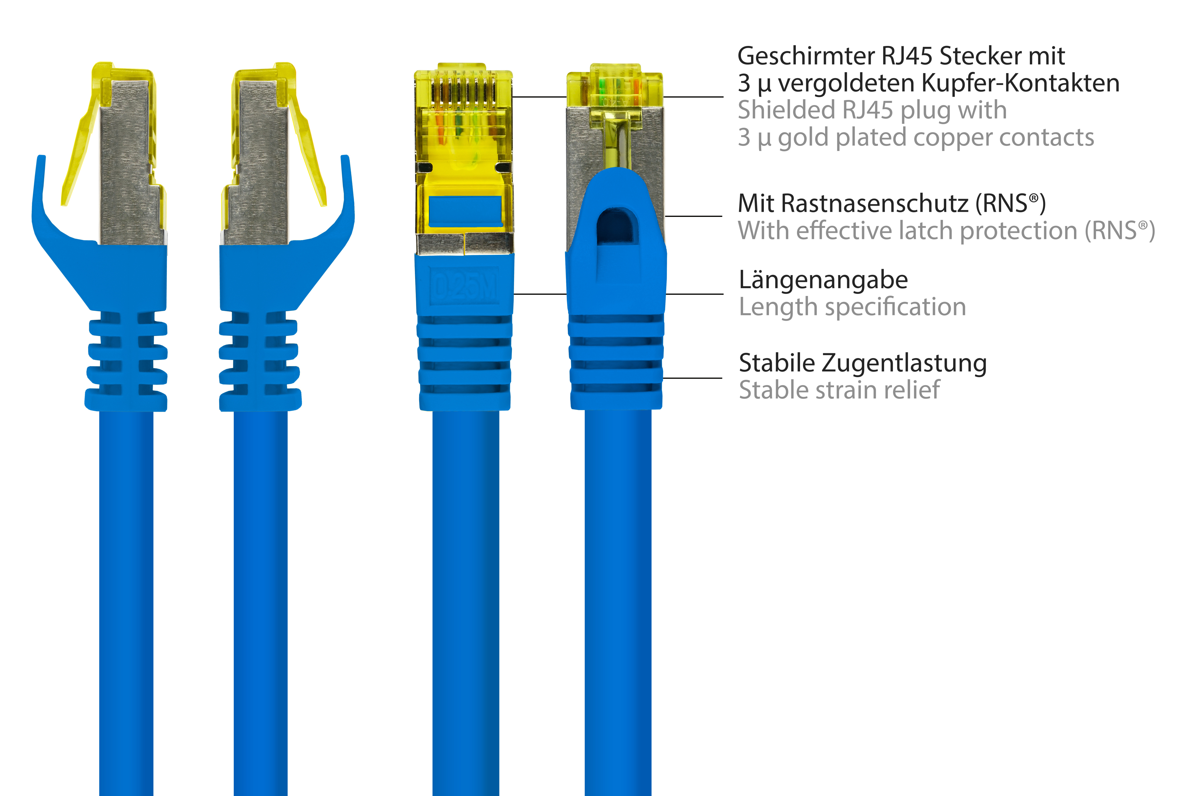 Niebieski kabel Ethernet z wtykami RJ45. Etykiety tekstowe opisują cechy kabla.