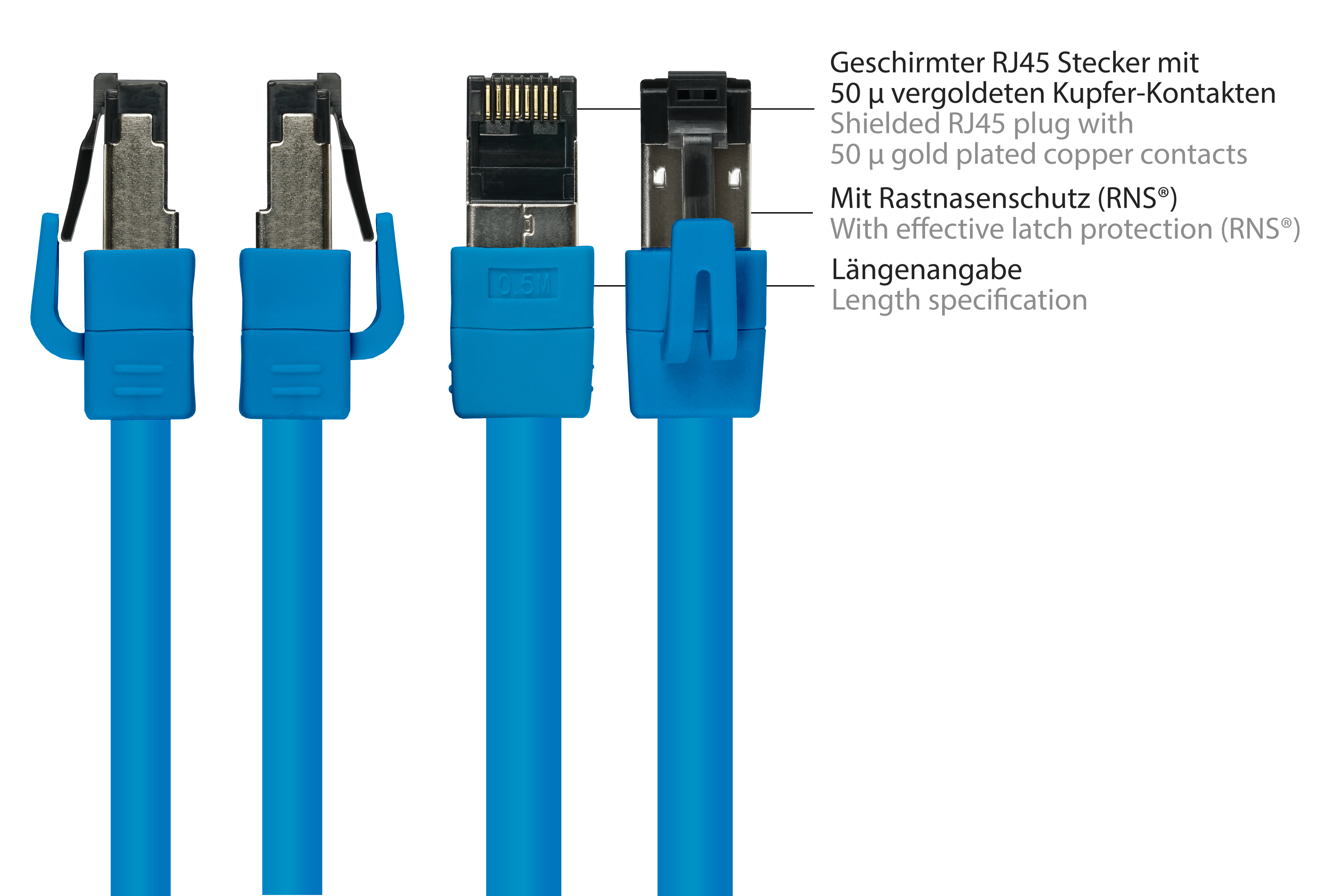 Quattro cavi di rete blu, che mostrano le loro estremità. Il testo indica connettori RJ45 schermati e specifica della lunghezza.
