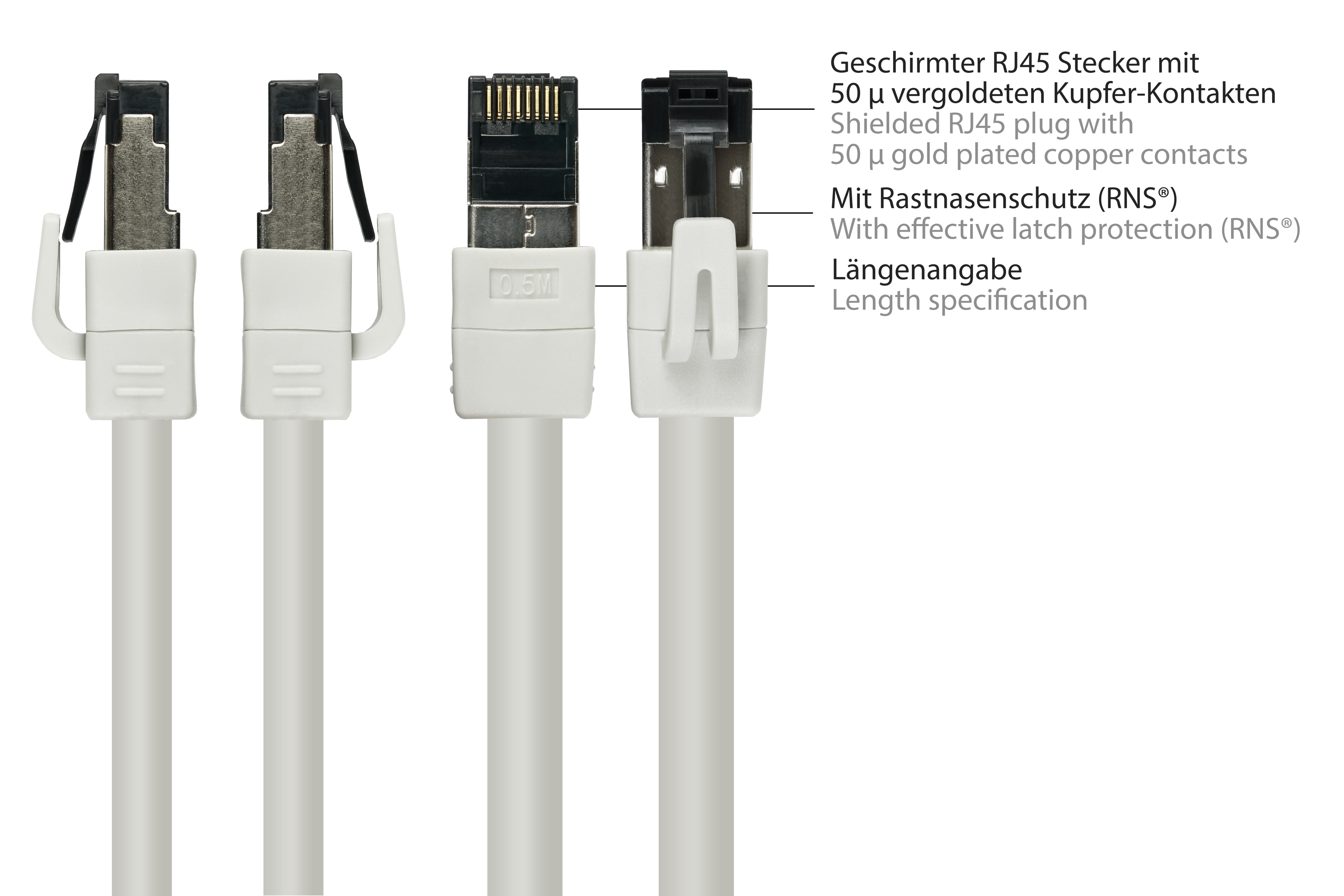 Quattro connettori RJ45 bianchi su sfondo bianco. Le etichette di testo sono in tedesco.