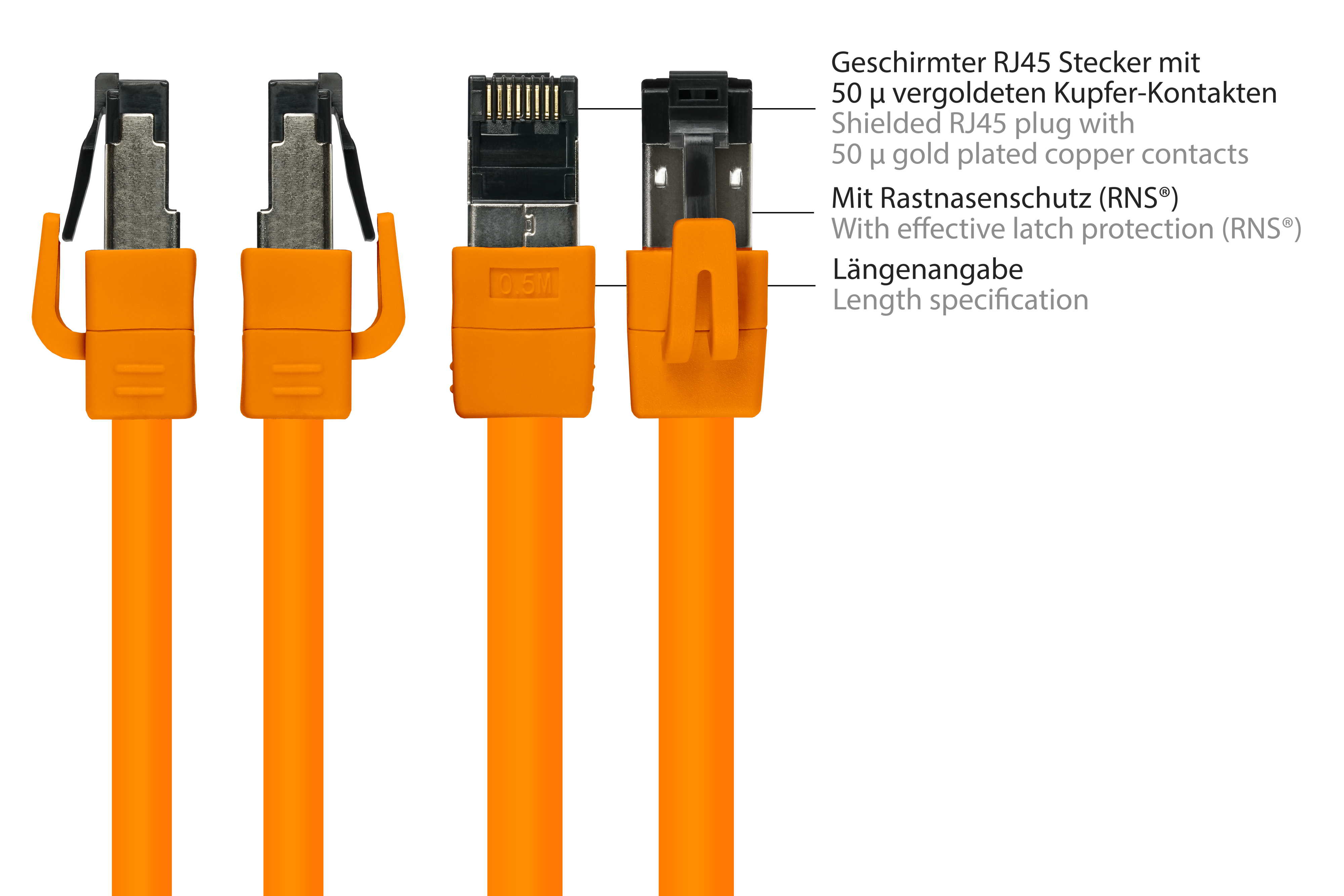 Orangefarbene Ethernet-Kabel mit RJ45-Steckern, beschriftet. Nahaufnahme zeigt Details, einschließlich vergoldeter Kontakte.