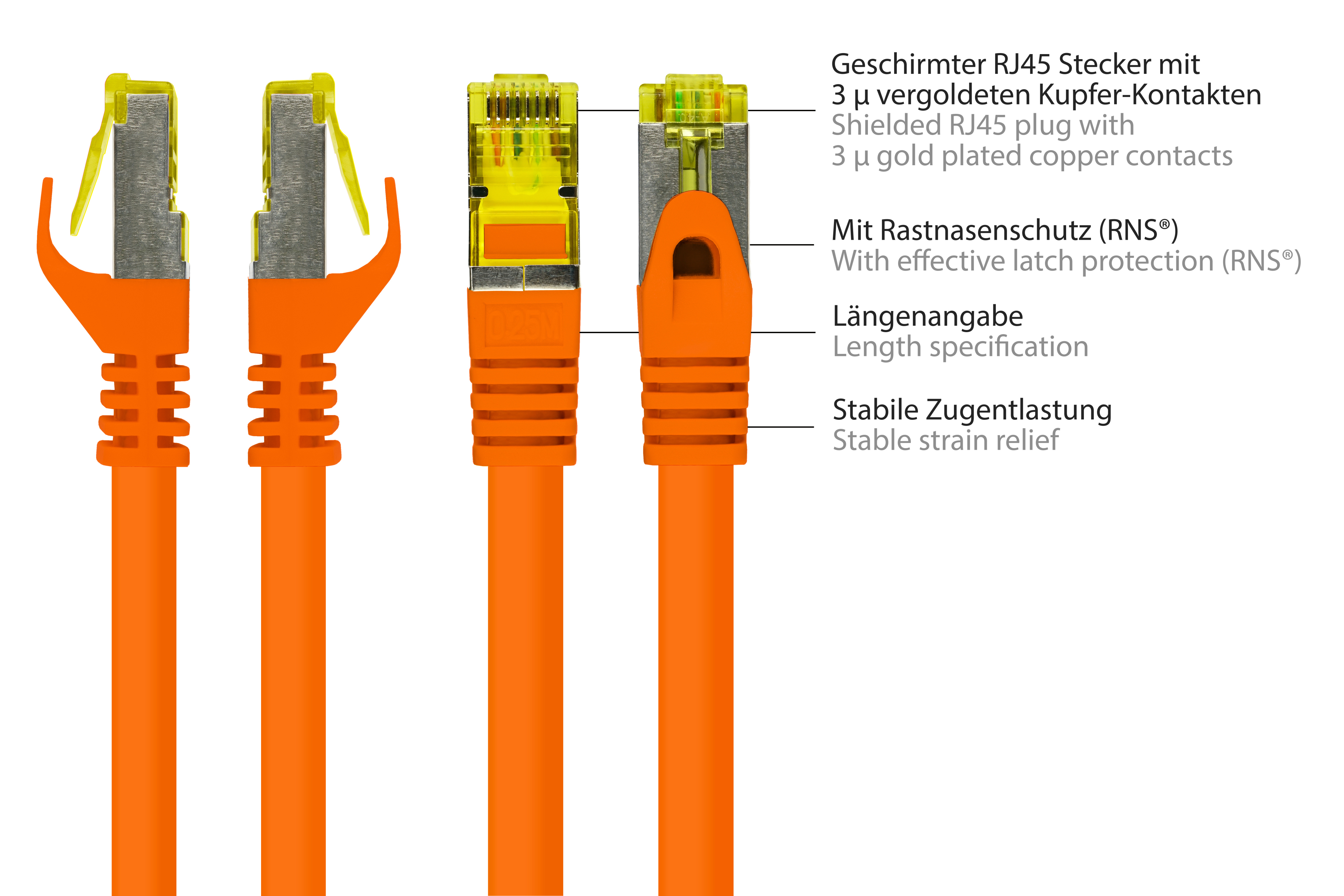 OFC, (RNS®), CONNECTIONS m orange, S/FTP, Rastnasenschutz halogenfrei, 1 GOOD Patchkabel Netzwerkkabel, mit