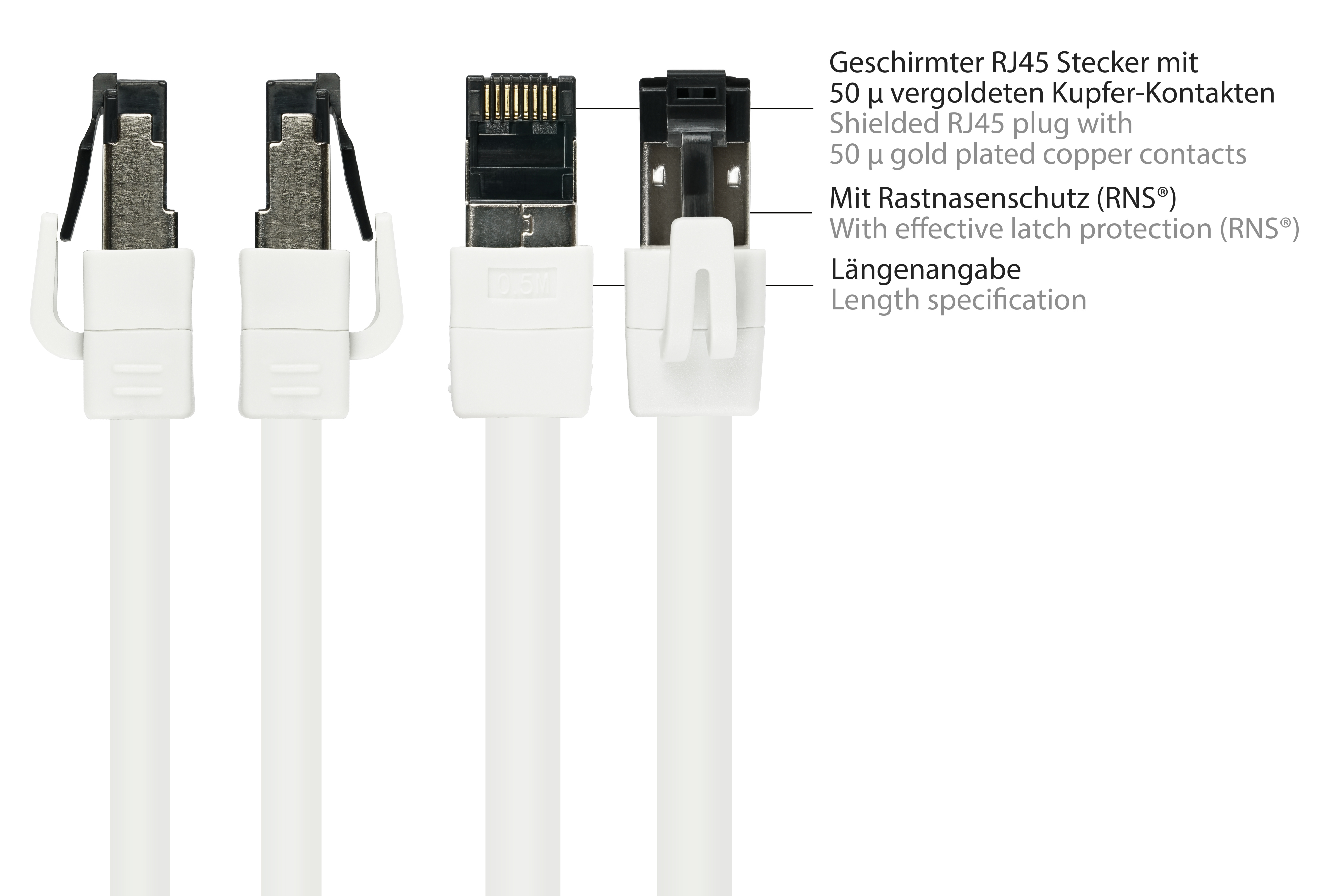 Quattro connettori RJ45 bianchi con dettagli neri e argentati, etichettati in tedesco.