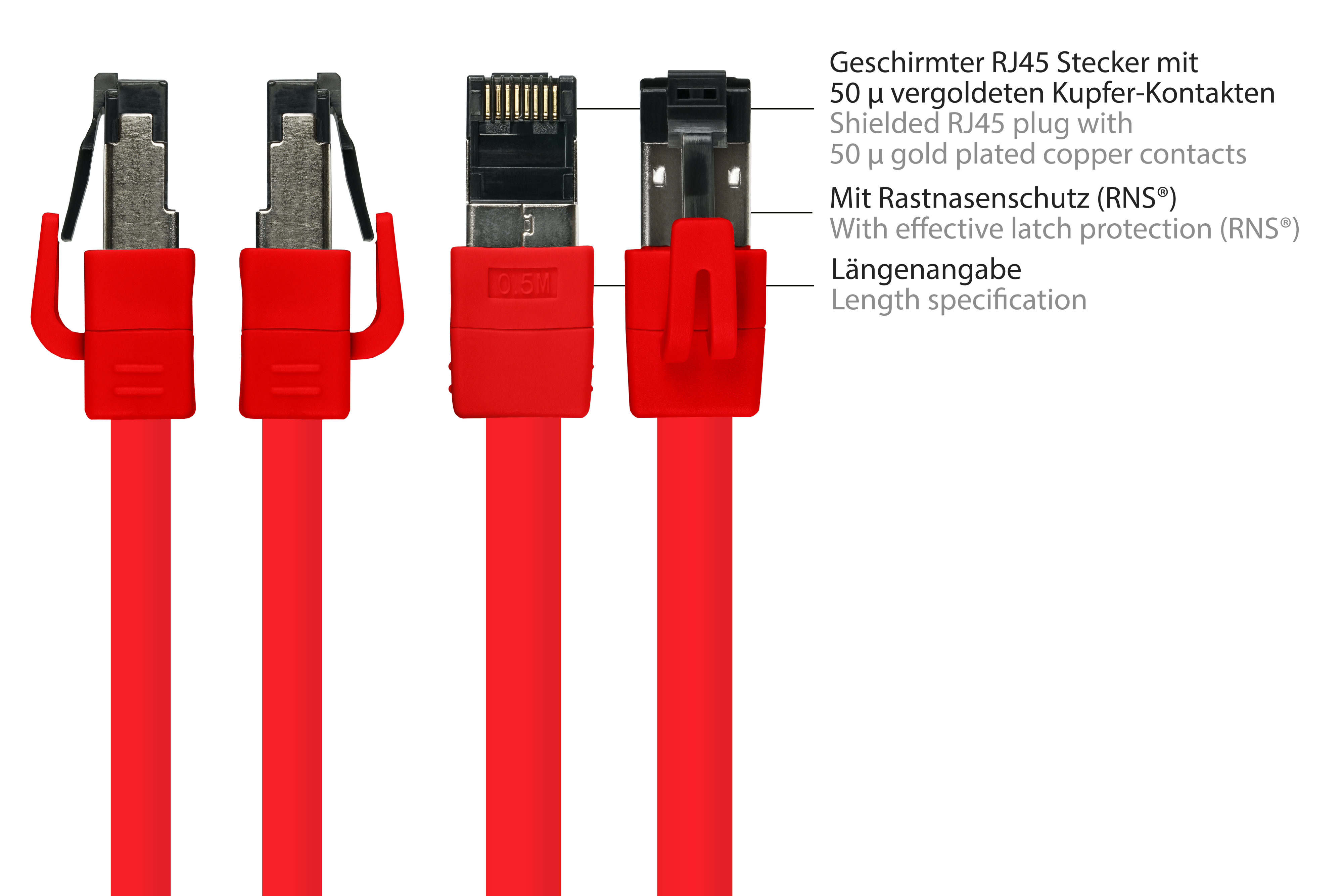 Connettori RJ45 rossi in fila. Diverse viste che mostrano pin, estremità del cavo e protezione del fermo.