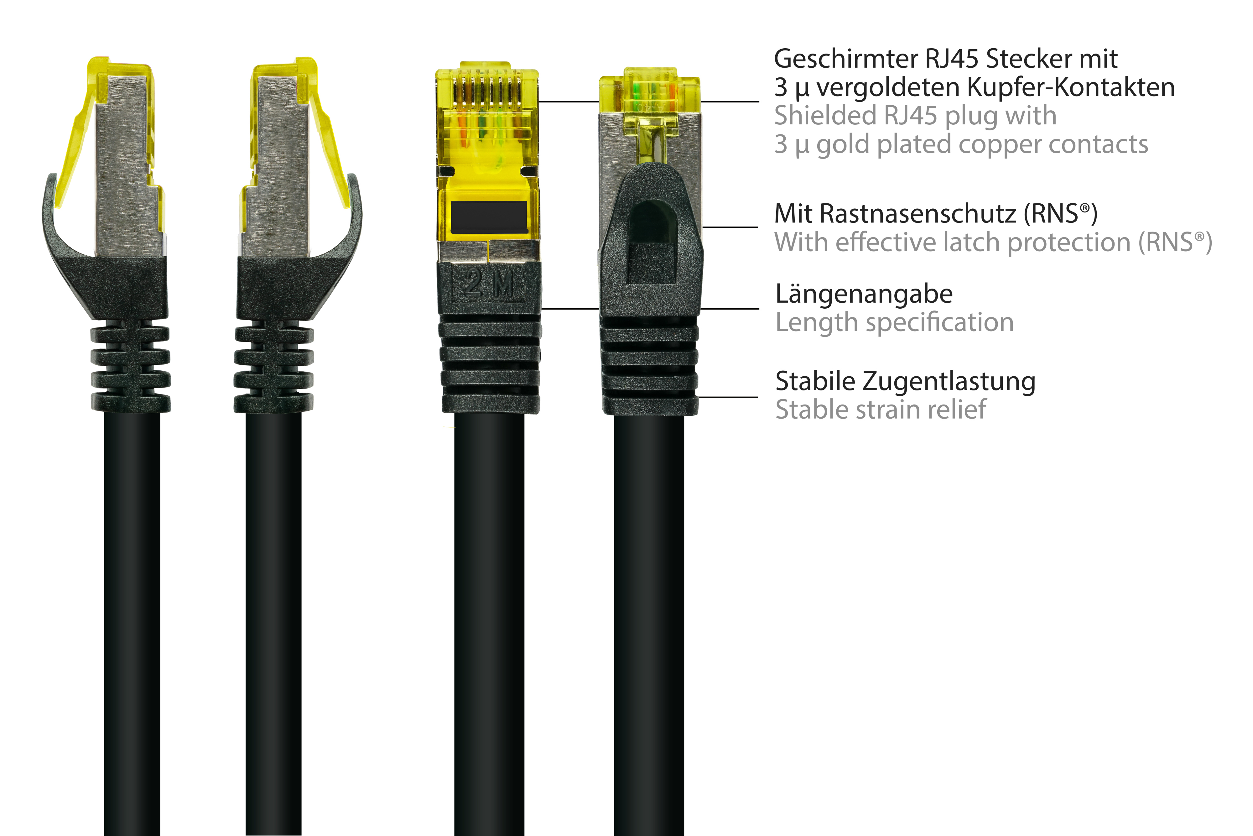 GOOD CONNECTIONS Patchkabel halogenfrei, (RNS®), S/FTP, Rastnasenschutz Netzwerkkabel, OFC, 90 m schwarz, mit