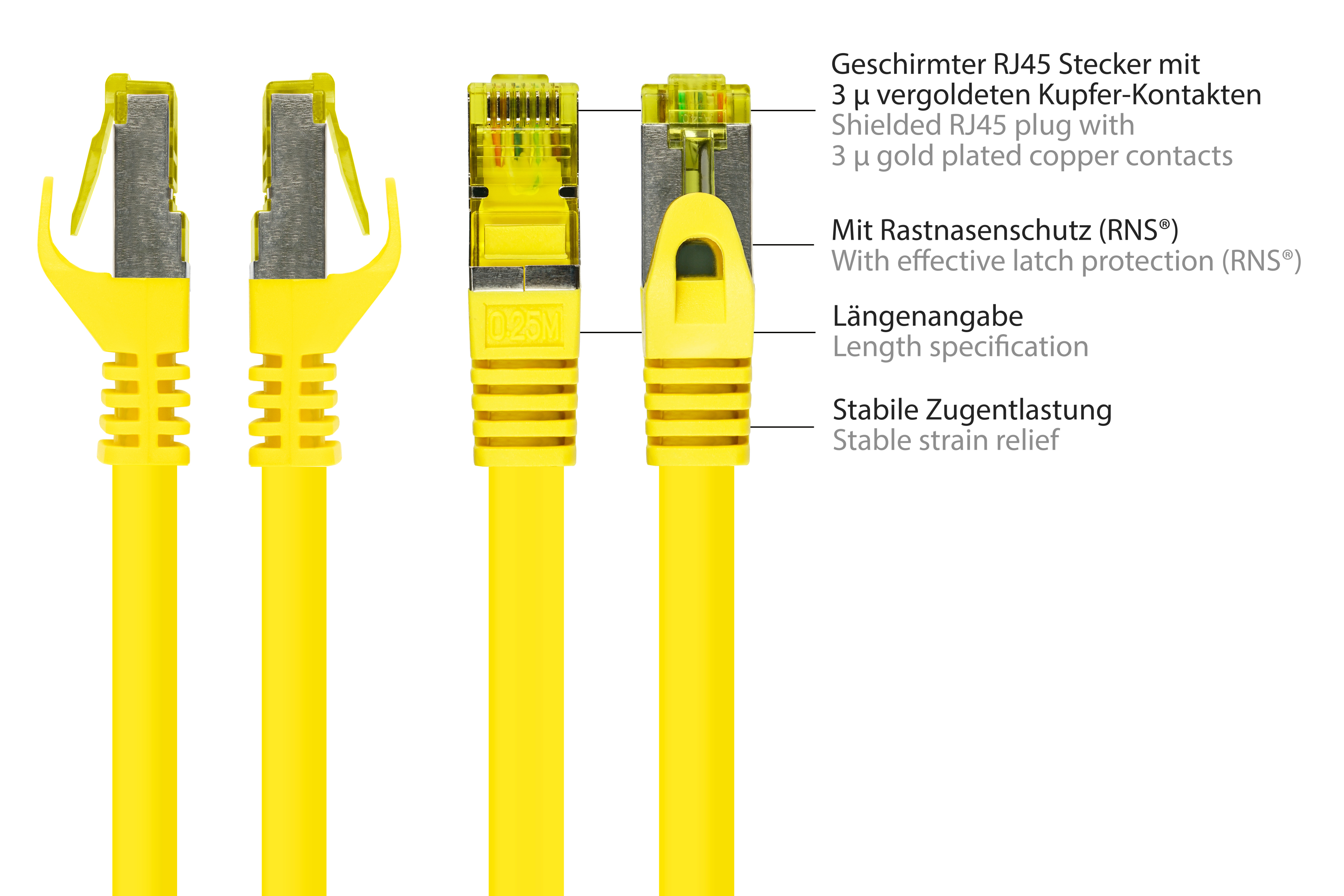 Żółty kabel sieciowy ze złączami RJ45, opisany. Pokazano różne kąty.