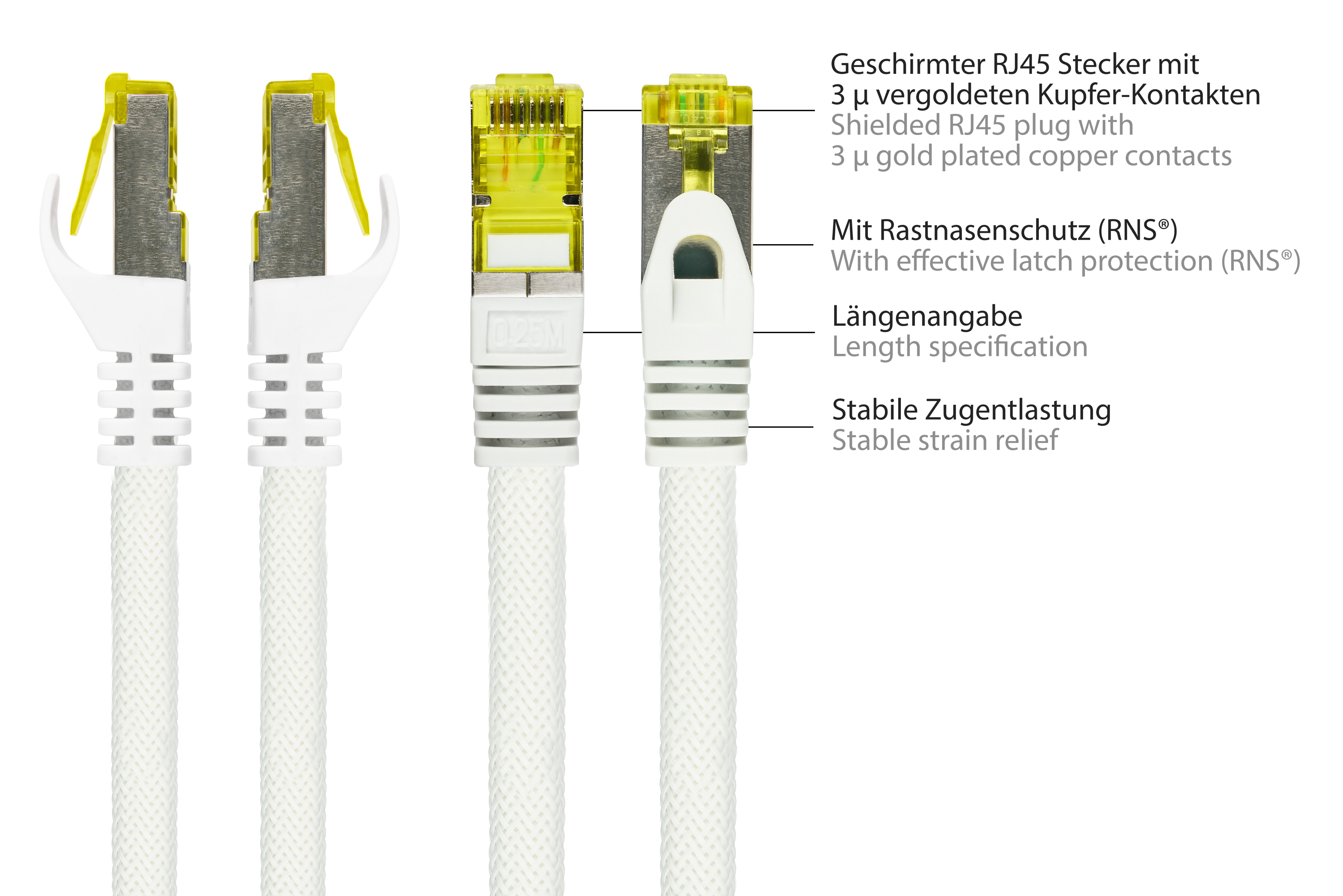 Cavi Ethernet bianchi con connettori bianchi, descrizioni testuali a destra.