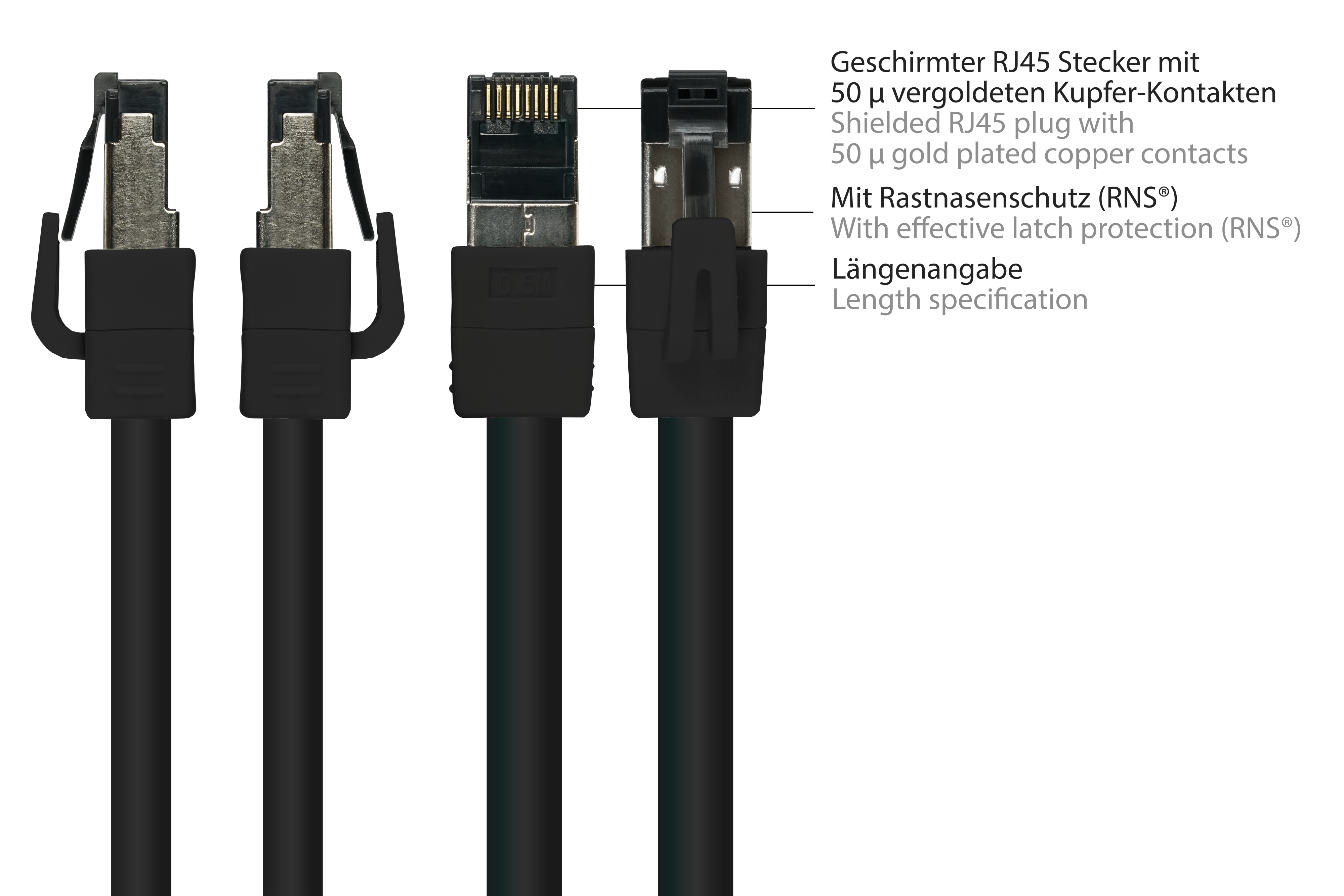 Primo piano di connettori RJ45 neri, con contatti in rame placcato oro 50 µ.