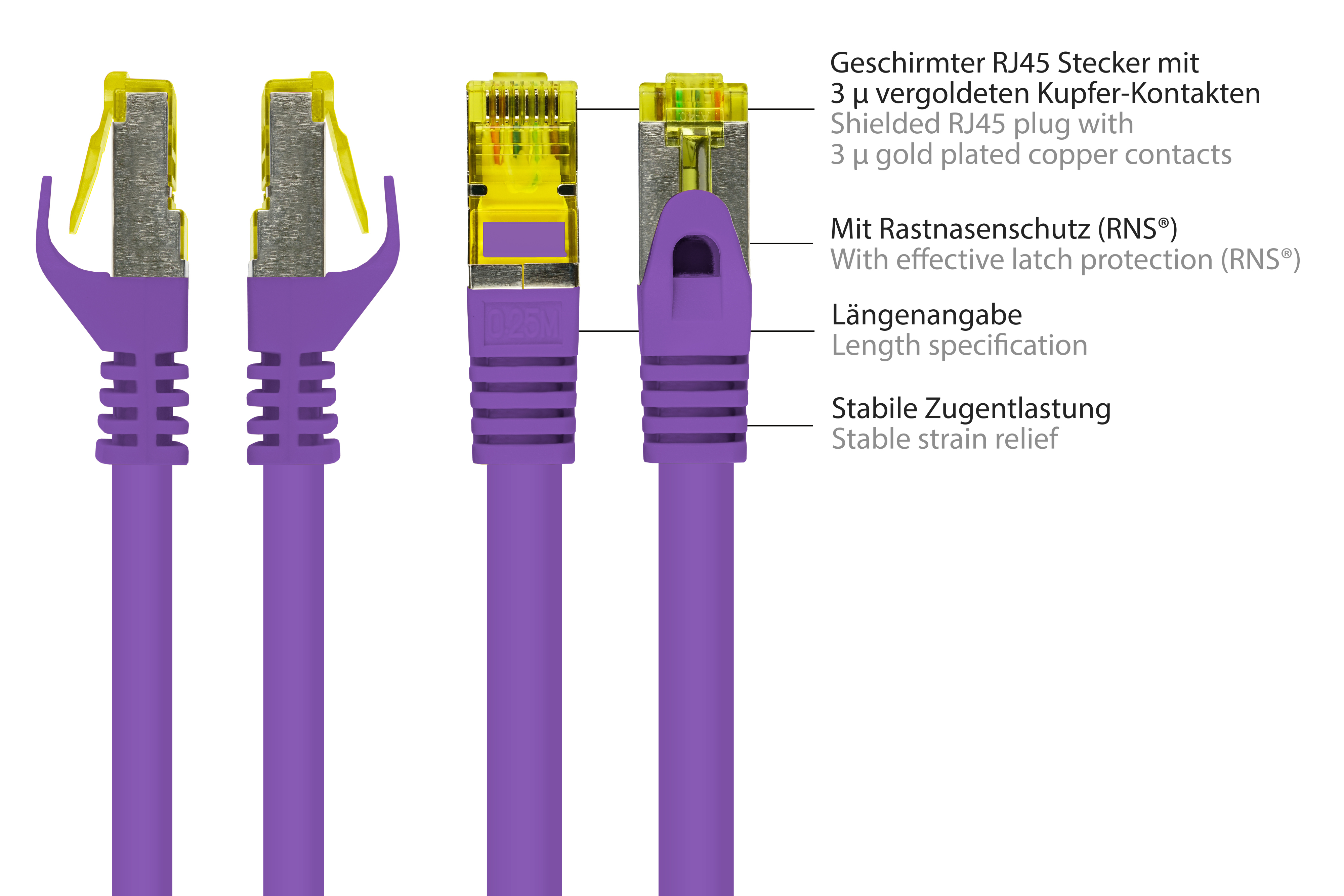 GOOD CONNECTIONS mit halogenfrei, m OFC, Netzwerkkabel, S/FTP, (RNS®), 50 Patchkabel Rastnasenschutz violett