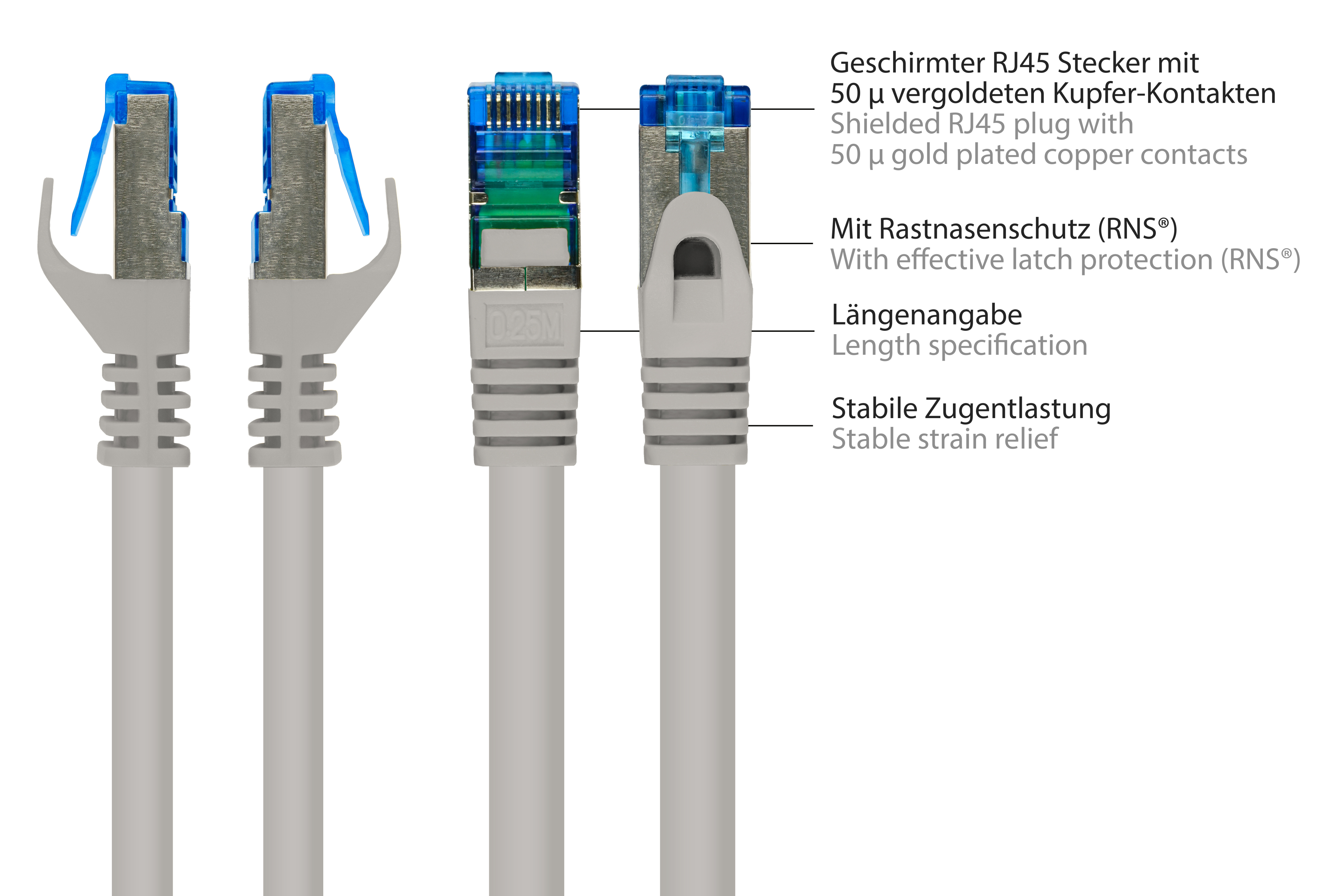 Cztery złącza RJ45, każde z różnymi widokami, ilustrujące wtyczkę i jej elementy.