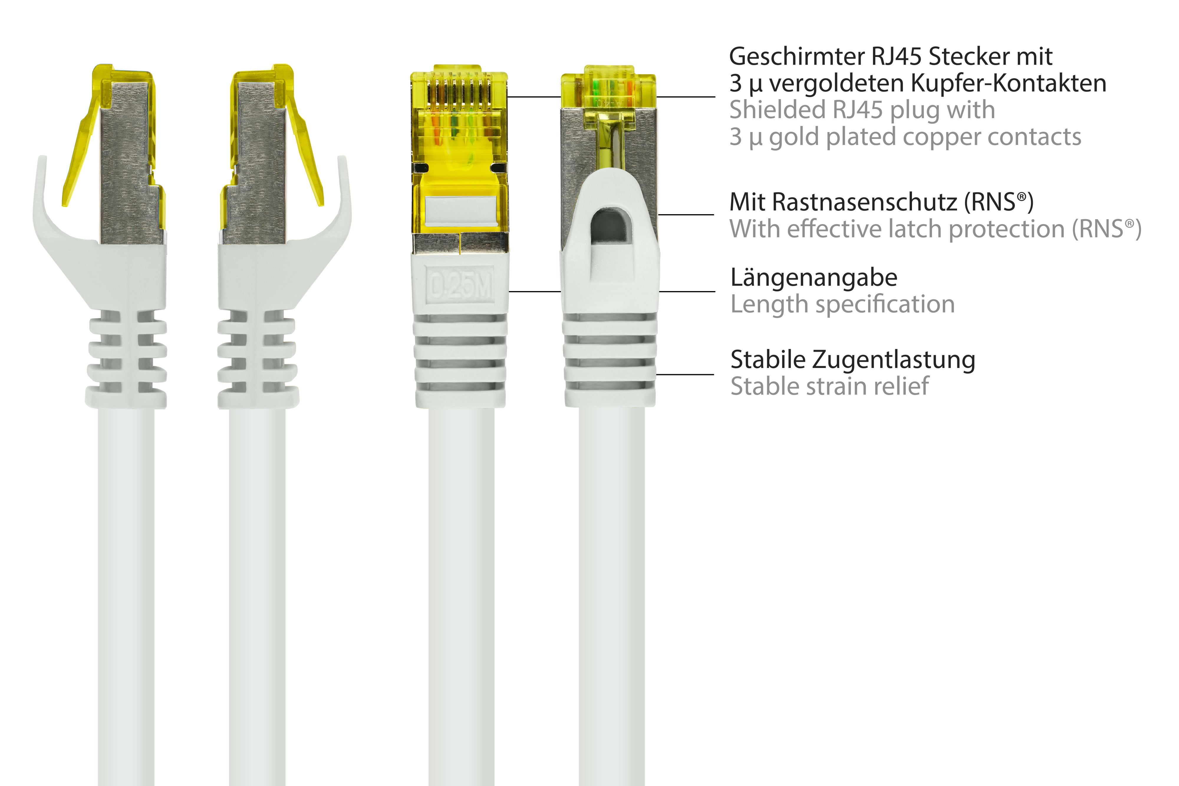 GOOD CONNECTIONS mit Netzwerkkabel, Patchkabel halogenfrei, (RNS®), Rastnasenschutz S/FTP, weiß, m 80 OFC