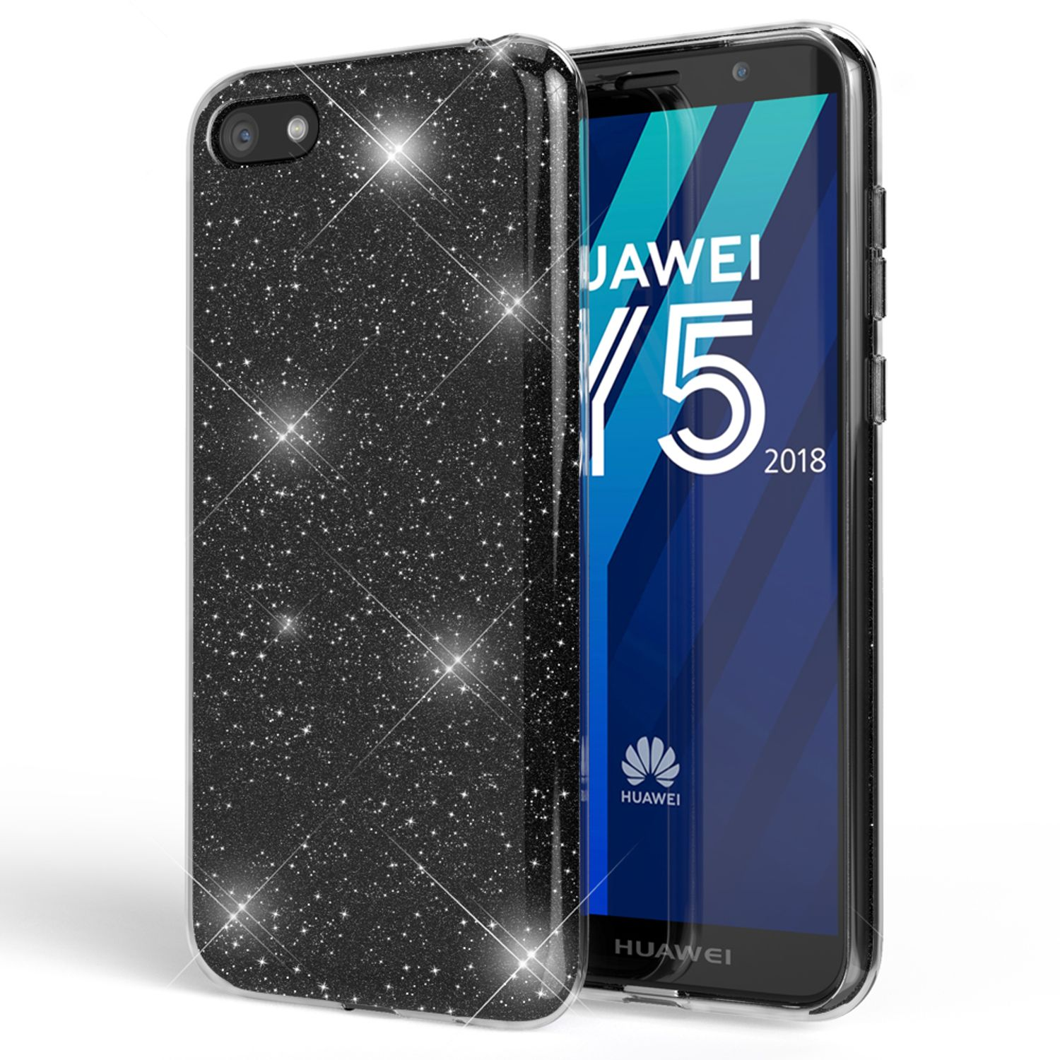 Eine schwarze Handyhülle mit Glitzer. Ein Telefon mit Bildschirm ist sichtbar.