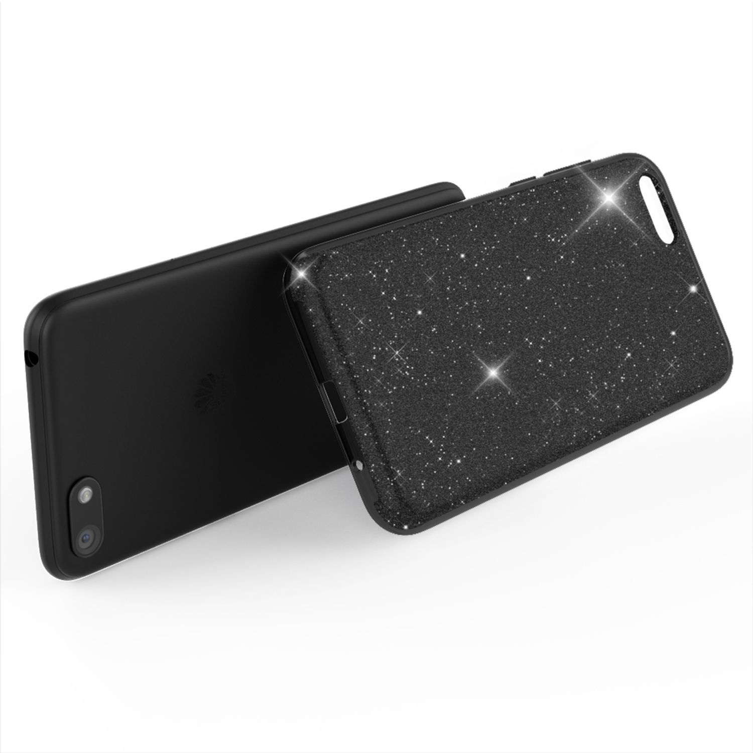 Ein schwarzes Telefon und eine Hülle mit Glitzer, das Telefon und die glitzernde Rückseite der Hülle zeigend, weißer Hintergrund.