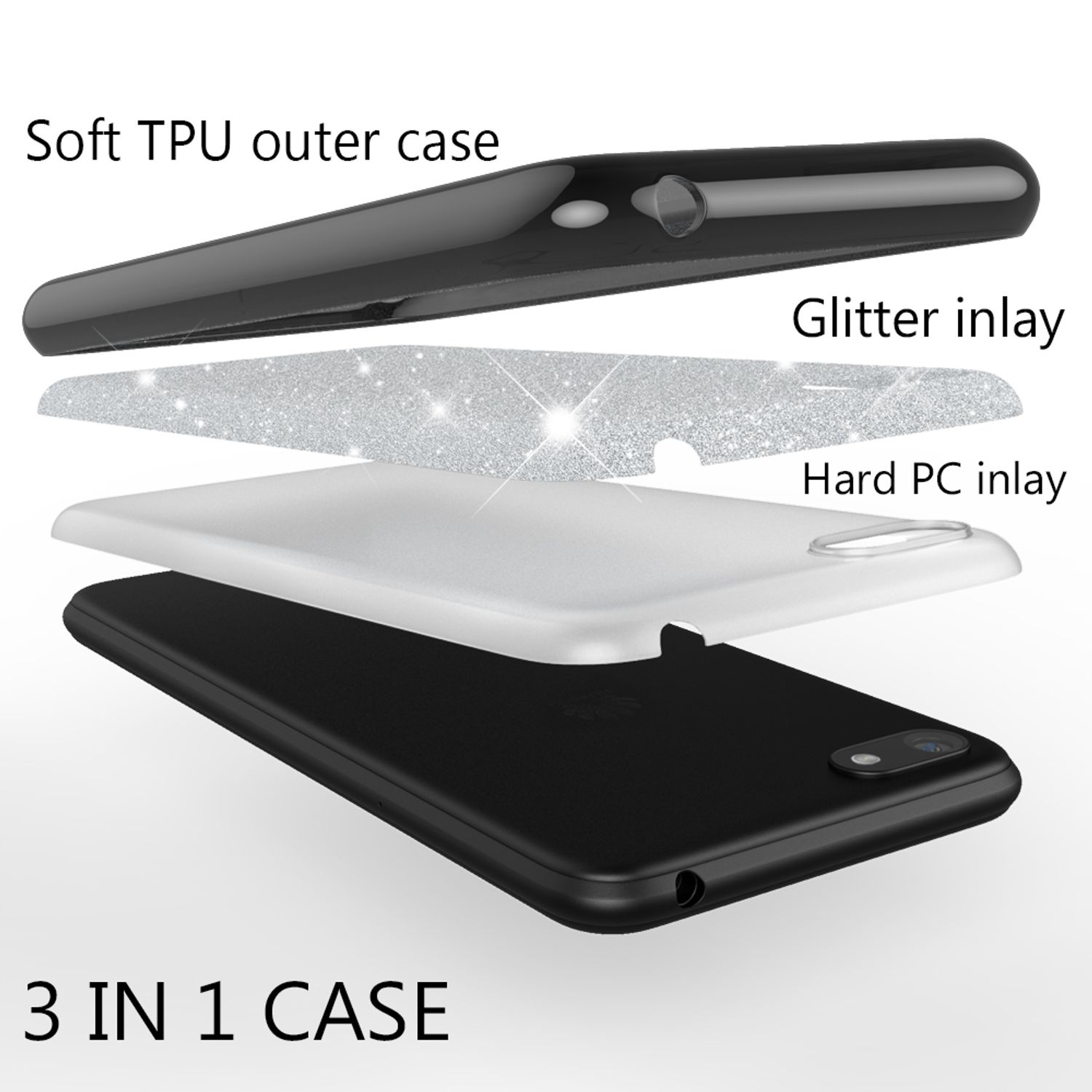Eine Handyhülle, die ihre drei Schichten zeigt: weiches äußeres TPU, Glitzer-Inlay und hartes PC-Inlay.