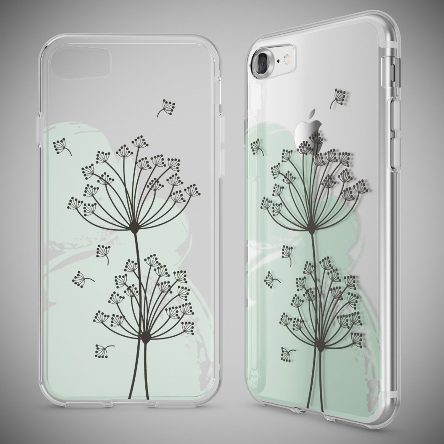 Zwei durchsichtige Handyhüllen mit floralem Design auf hellgrünem Hintergrund.