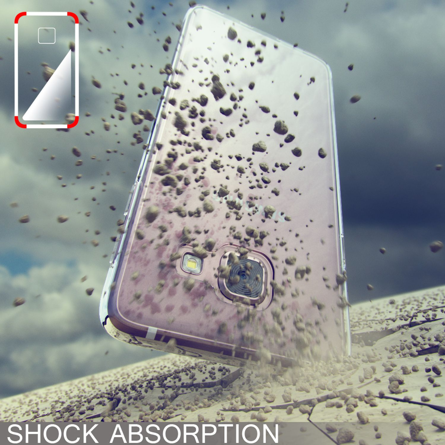 Funda para teléfono con diseño transparente, protegiendo el dispositivo de impactos y polvo.