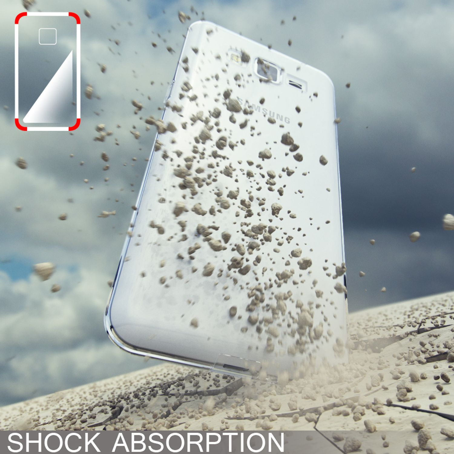 Un teléfono Samsung blanco con una funda que se cae y absorbe el impacto. El texto indica la absorción de impactos.