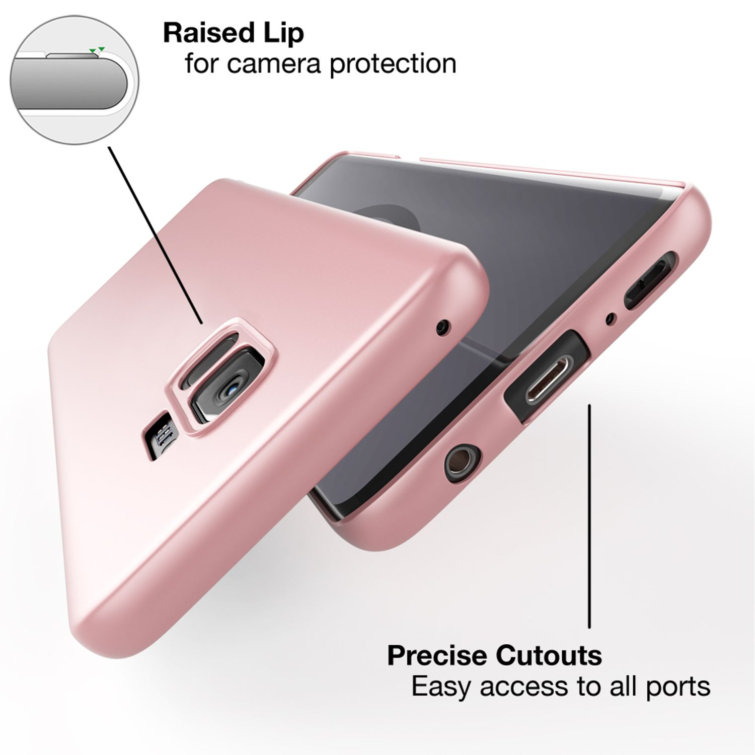 Roségoldenes Handycase mit Telefon. Das Case hat einen erhöhten Rand zum Schutz der Kamera und Aussparungen.