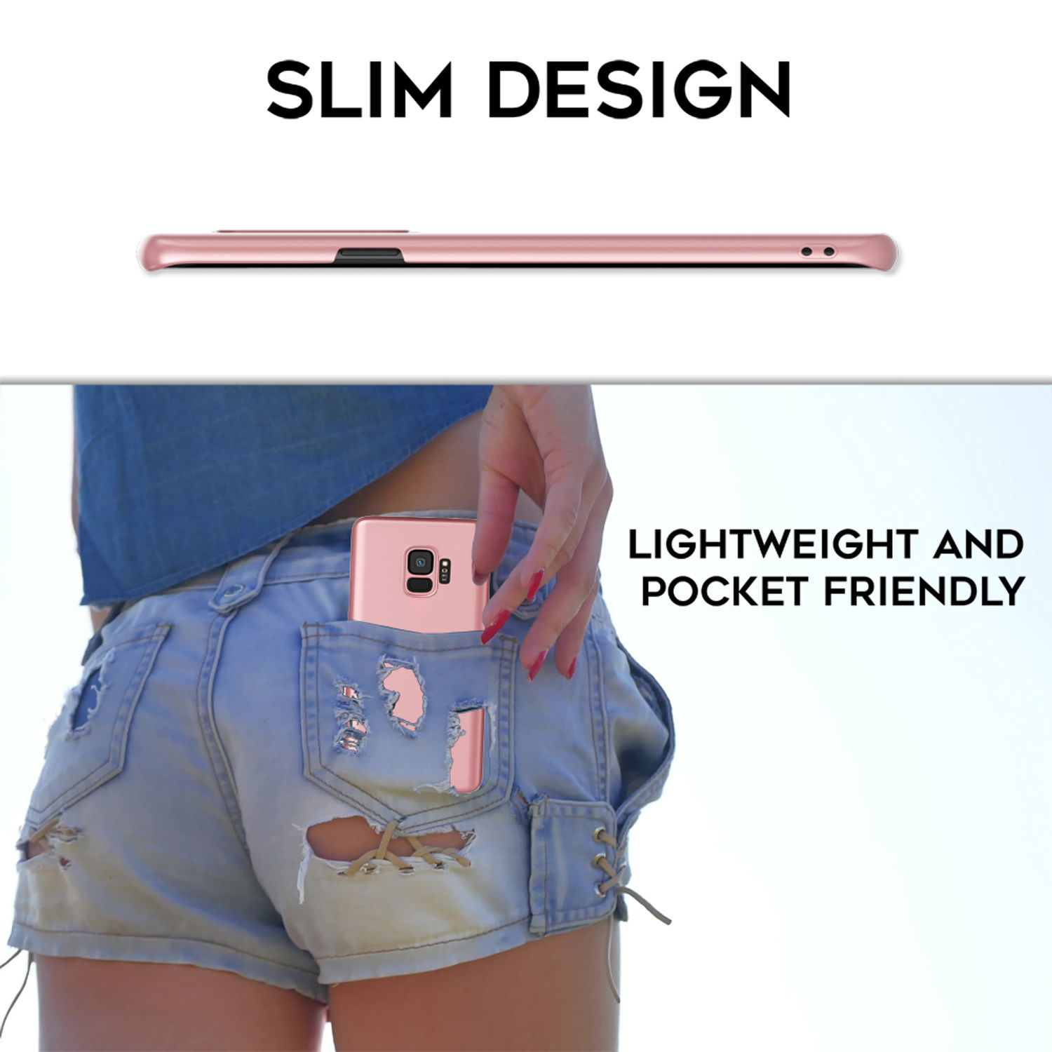 Roségoldenes Telefon in der Tasche, schlankes Design und Beschreibung.