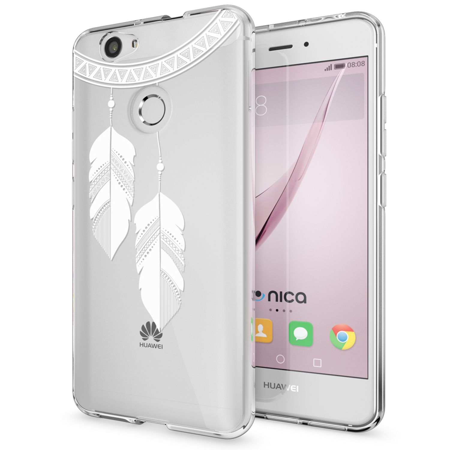 Un téléphone blanc avec une coque transparente avec des motifs de plumes. L'écran montre l'interface.