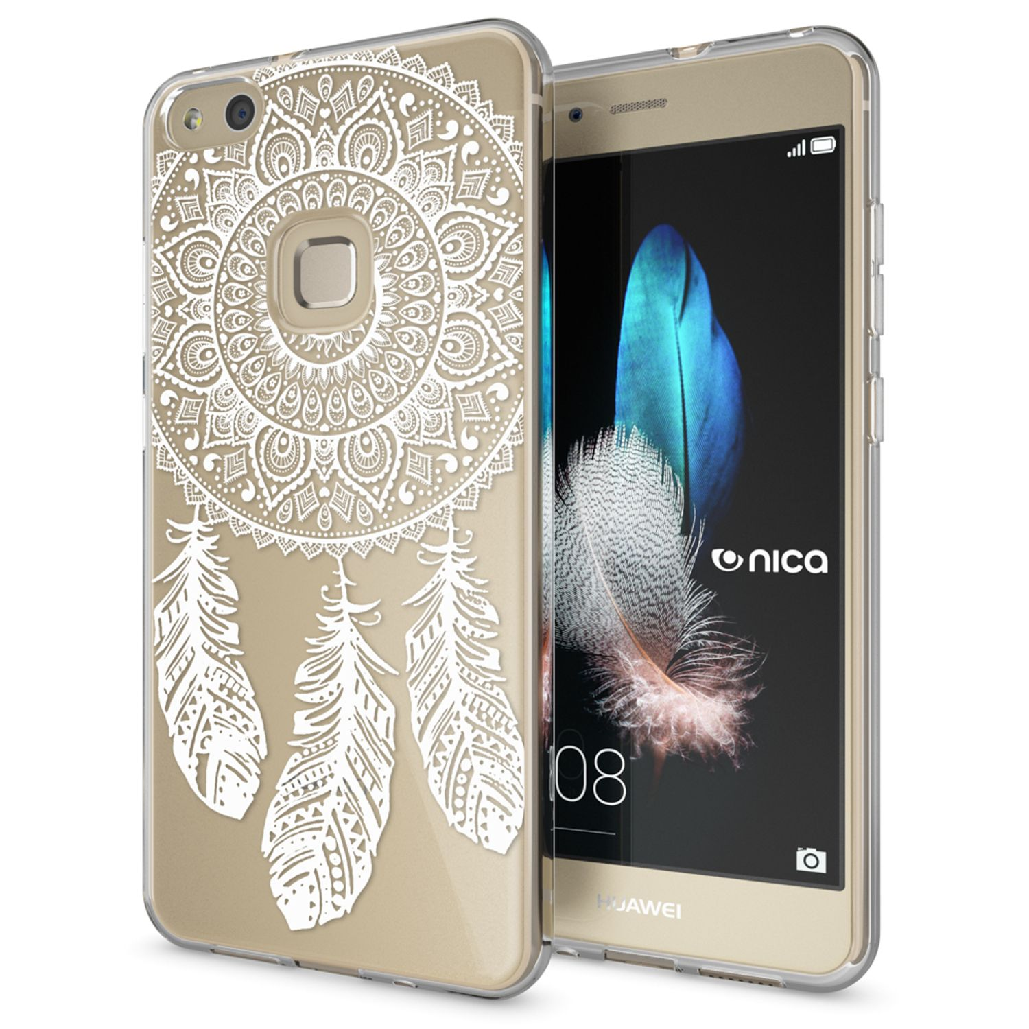 Ein goldenes Telefon mit einer weißen Traumfängerhülle vor weißem Hintergrund.