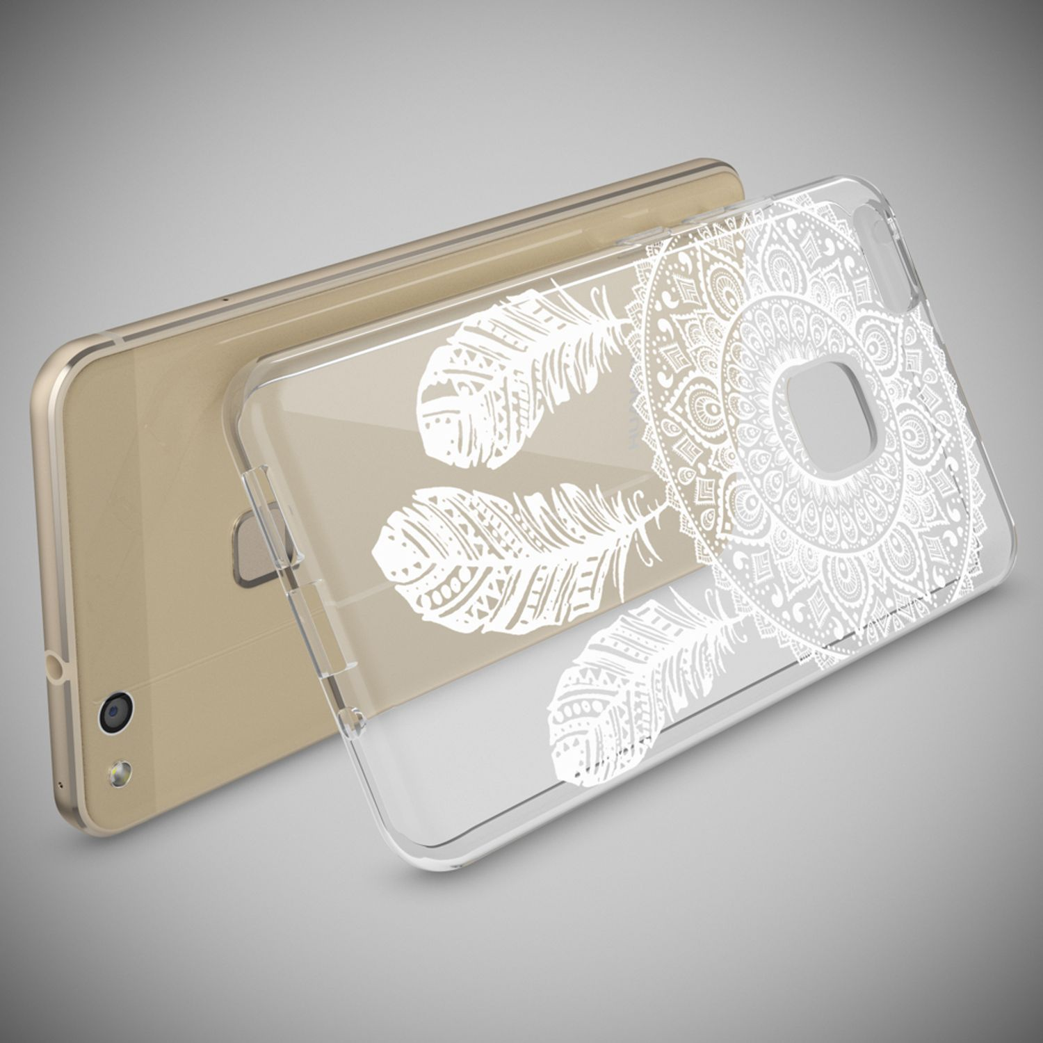 Goldenes Telefon mit klarer Hülle mit weißen Federdesigns, mit verschwommenem Hintergrund.