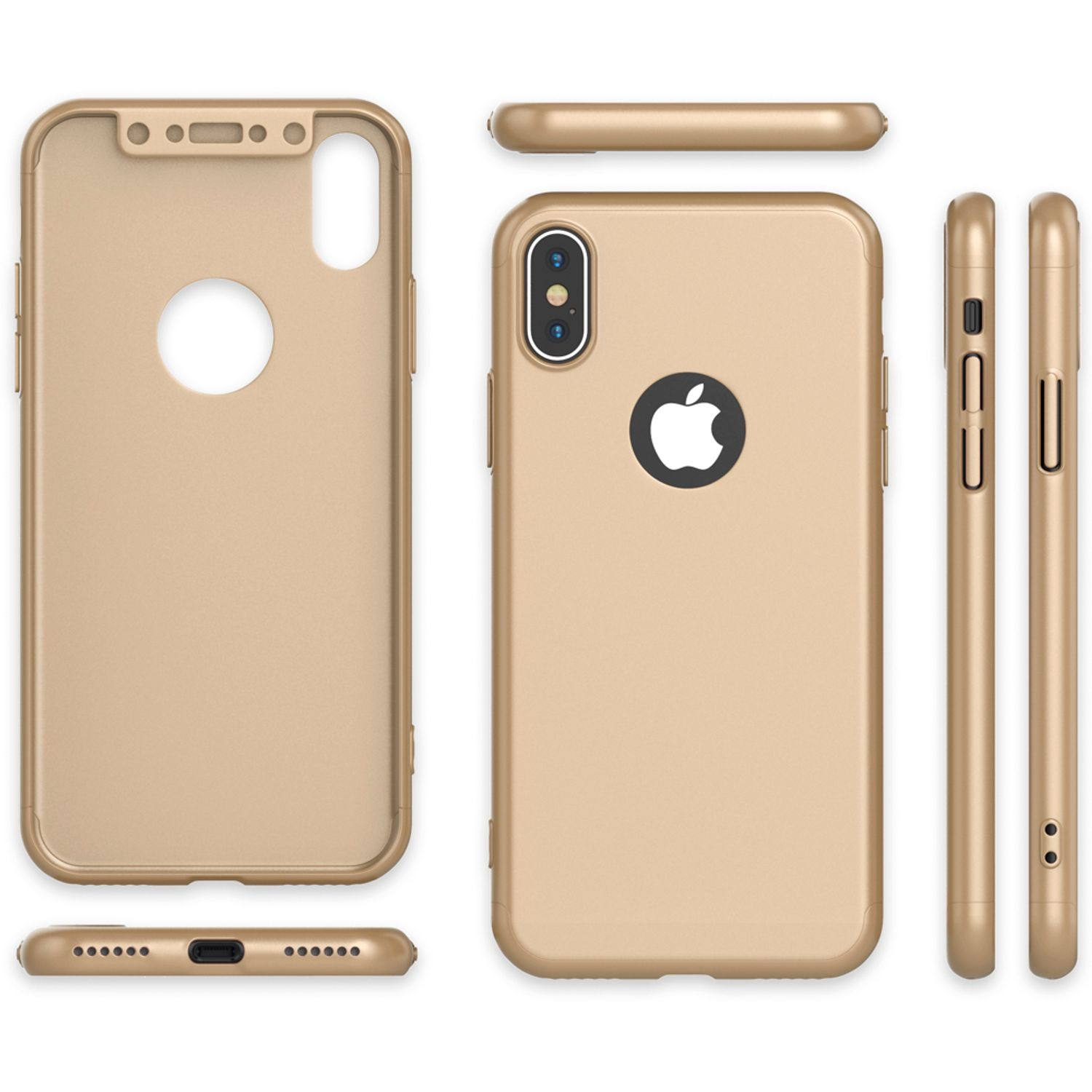 Goldene Handyhülle, mehrere Winkel. Apple-Logo sichtbar. Rück-, Seiten-, Ober- und Unteransichten werden gezeigt.