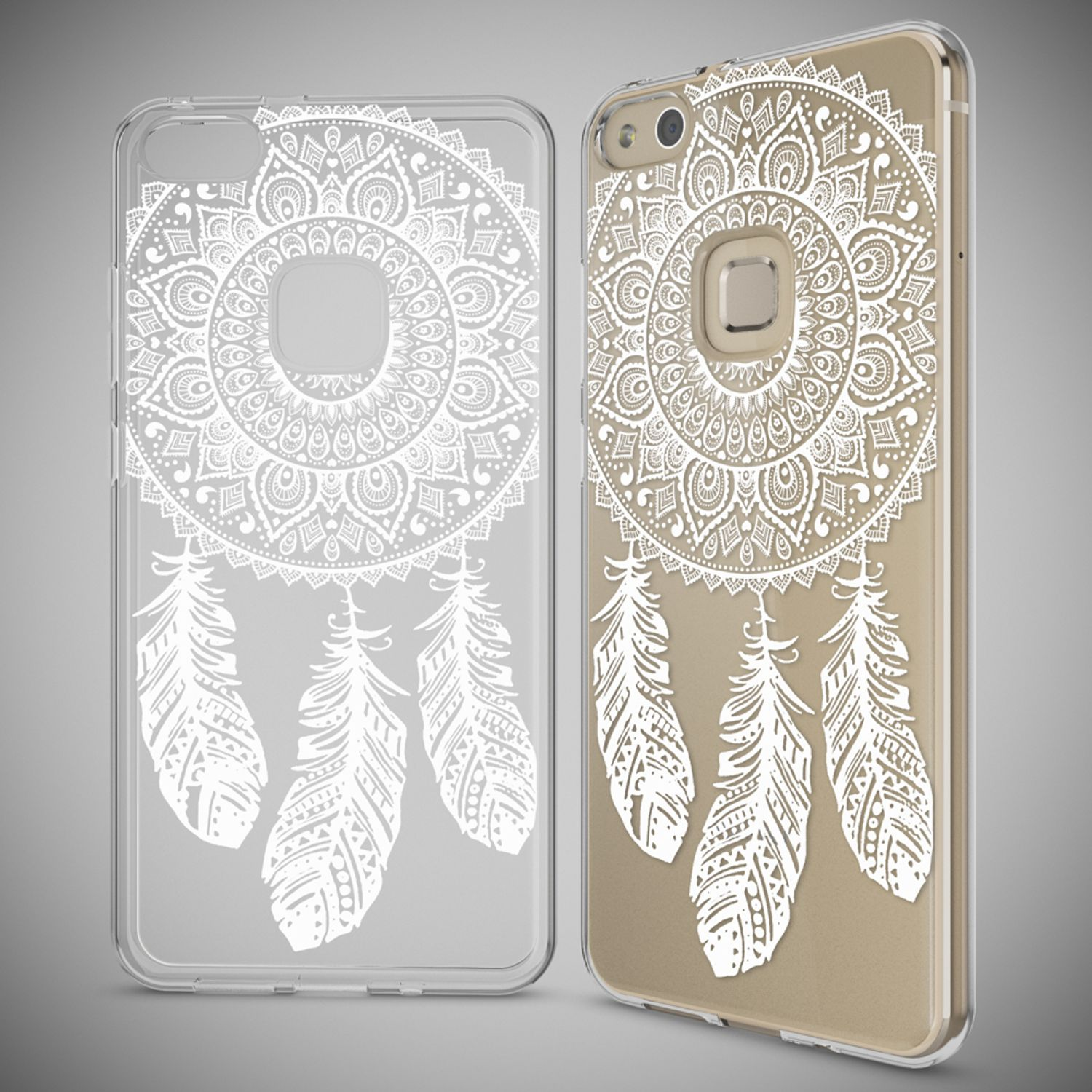 Zwei Handyhüllen, eine transparente und eine goldene, beide mit einem weißen Traumfänger-Design mit Federn.