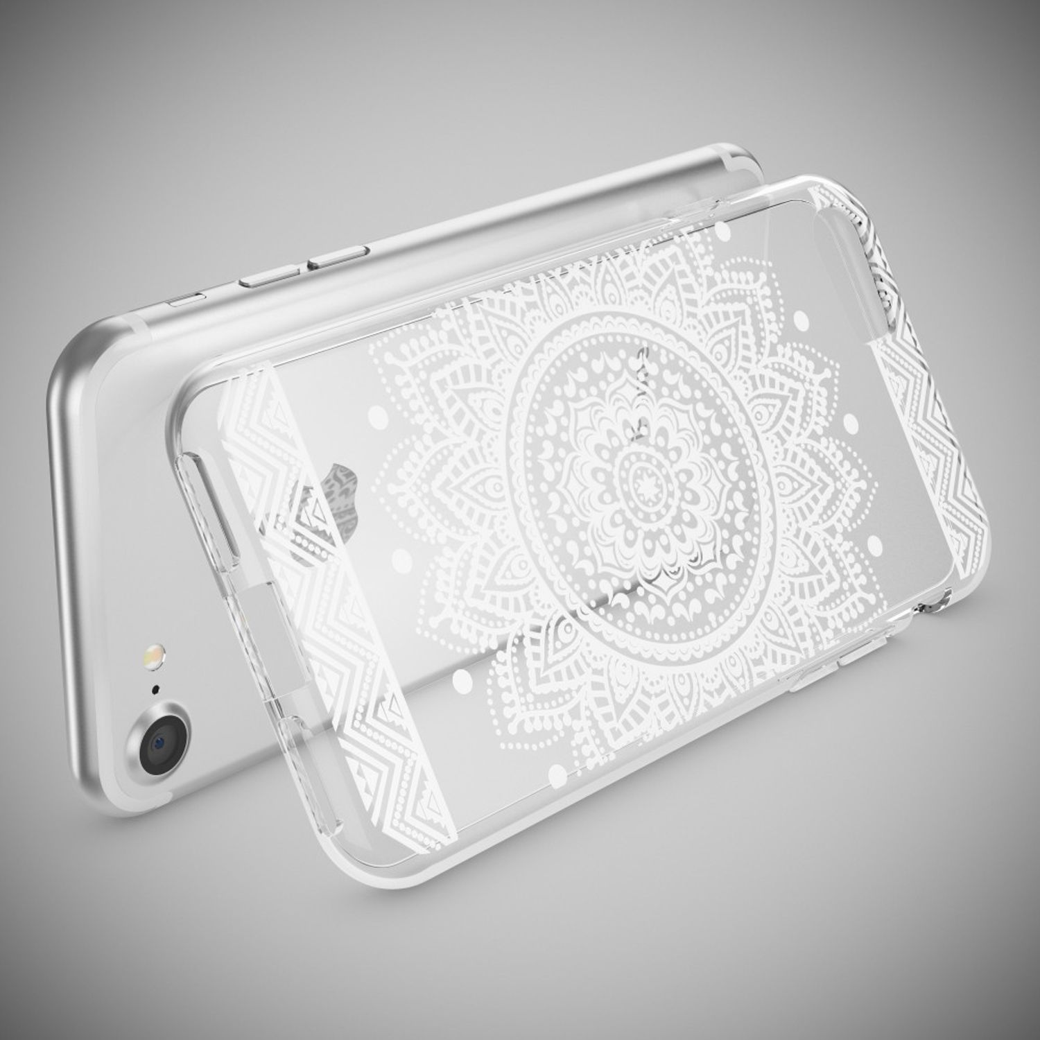 Silbernes Telefon mit durchsichtiger Hülle. Die Hülle hat ein weißes Mandala-Design. Das Telefon befindet sich auf grauem Hintergrund.