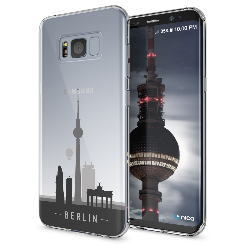 Funda de teléfono con el horizonte de Berlín. Teléfono a la derecha, mostrando iconos de aplicaciones.
