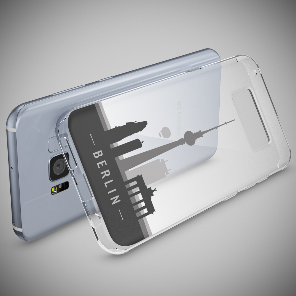 Un teléfono inteligente en una funda transparente, mostrando la silueta del horizonte de Berlín.