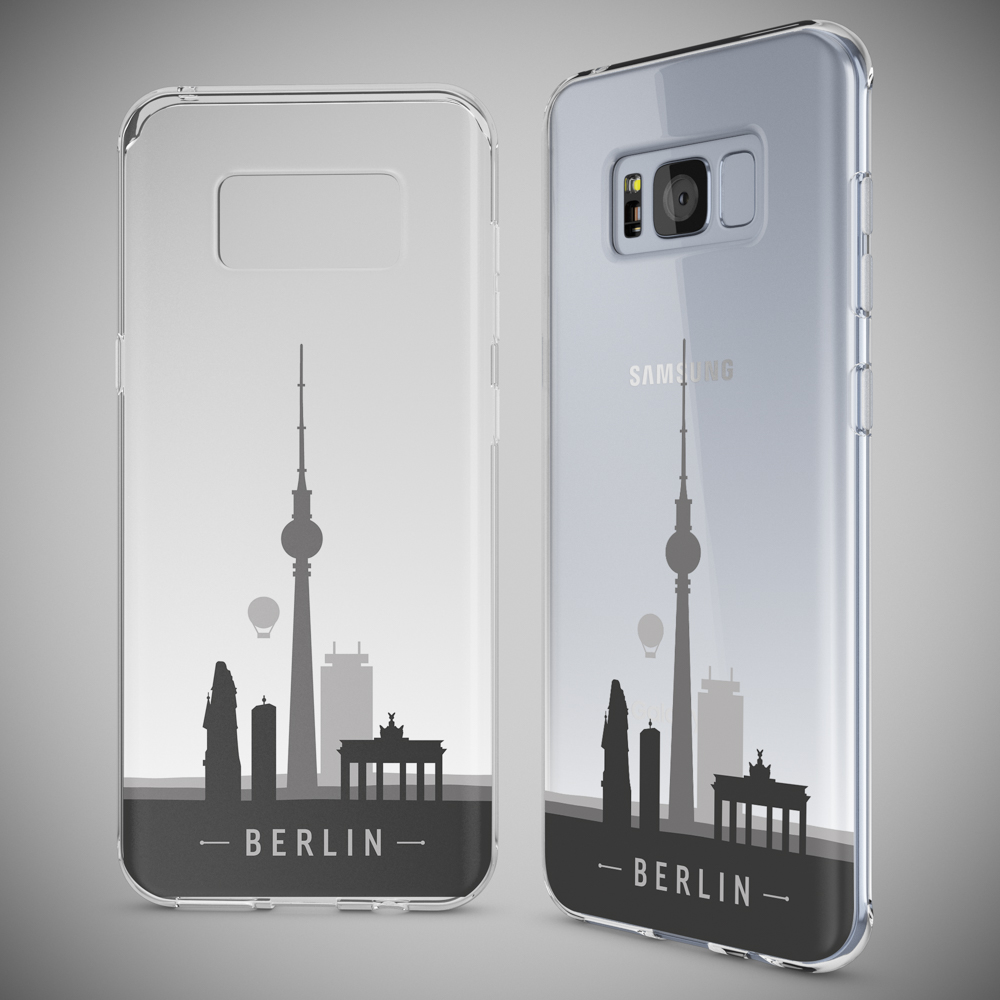 Funda de teléfono con diseño de horizonte de Berlín. El teléfono muestra la silueta de la ciudad.