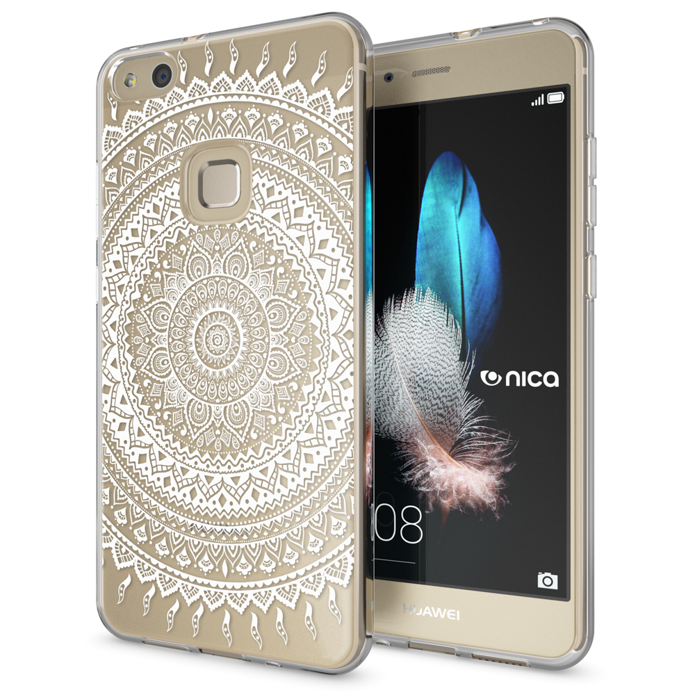 Huawei-Telefon mit klarer Hülle und Mandala-Design auf dem Rücken.