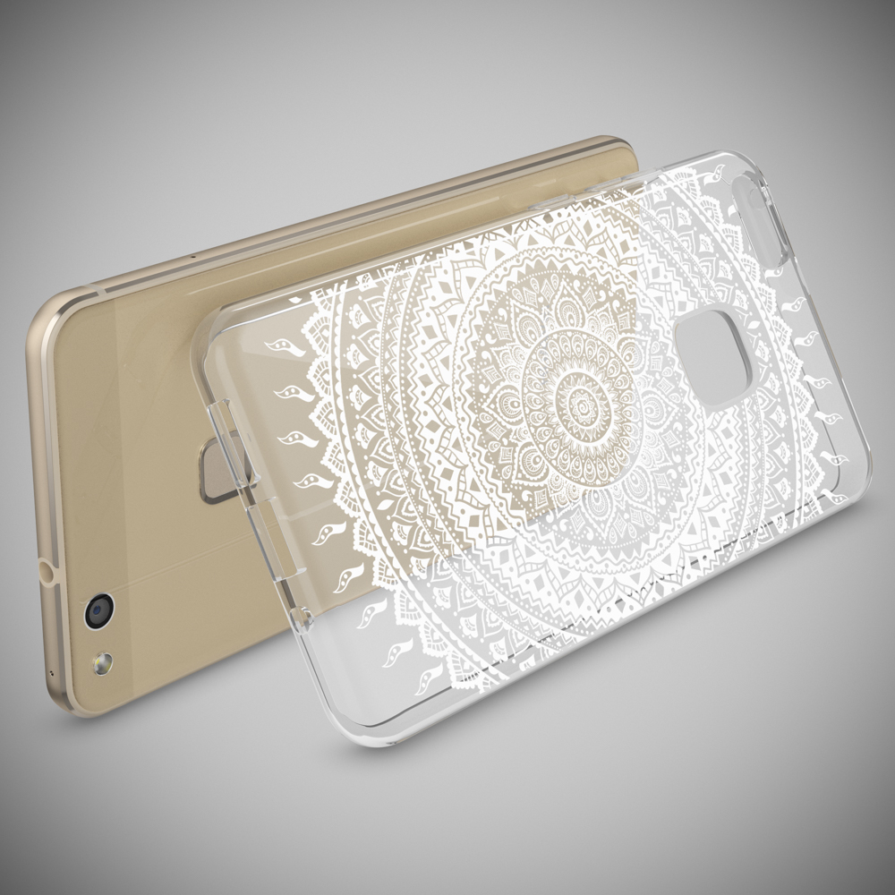 Ein Telefon und eine transparente Handyhülle mit weißem Mandala-Design. Das Telefon ist goldfarben, die Hülle liegt obenauf.
