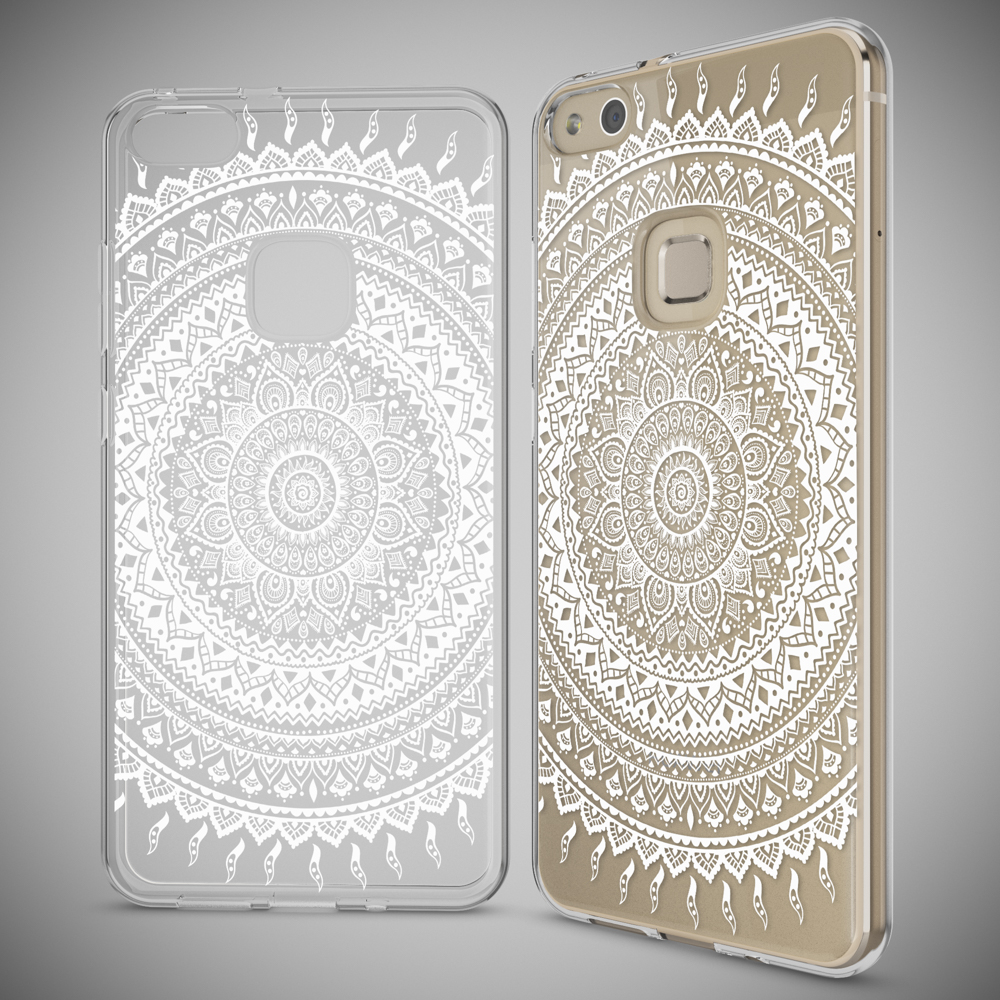 Zwei Handyhüllen mit weißem Mandala-Design auf grauem Hintergrund.