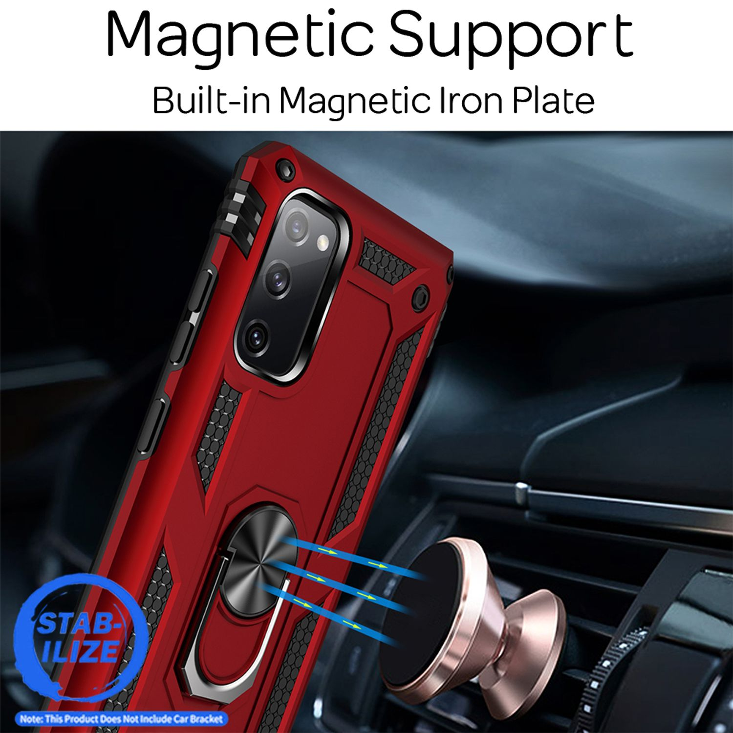 Rote Handyhülle mit einem Telefon darin und einer Autohalterung. Die Handyhülle ist rot und schwarz.