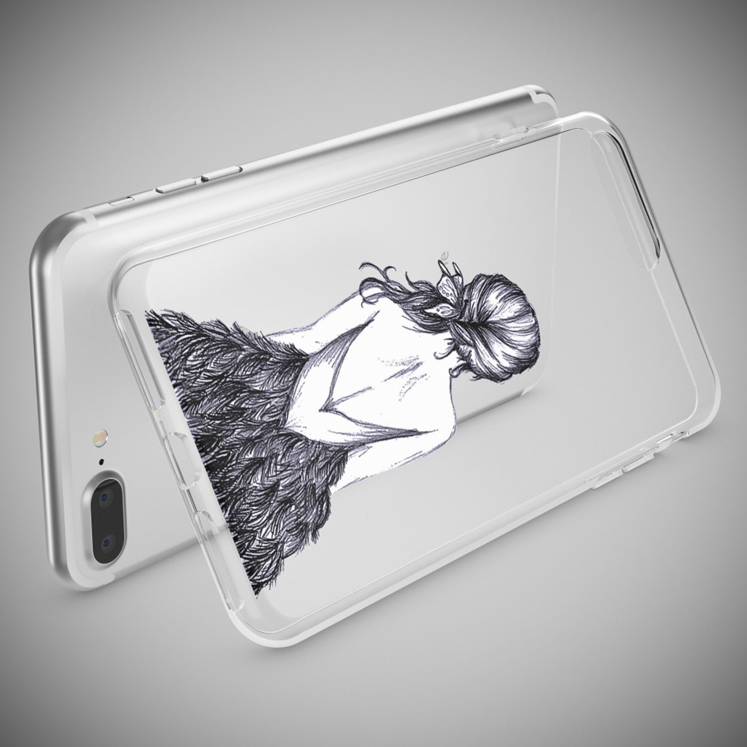 Ein Telefon in einer durchsichtigen Hülle mit einer Zeichnung auf der Rückseite.