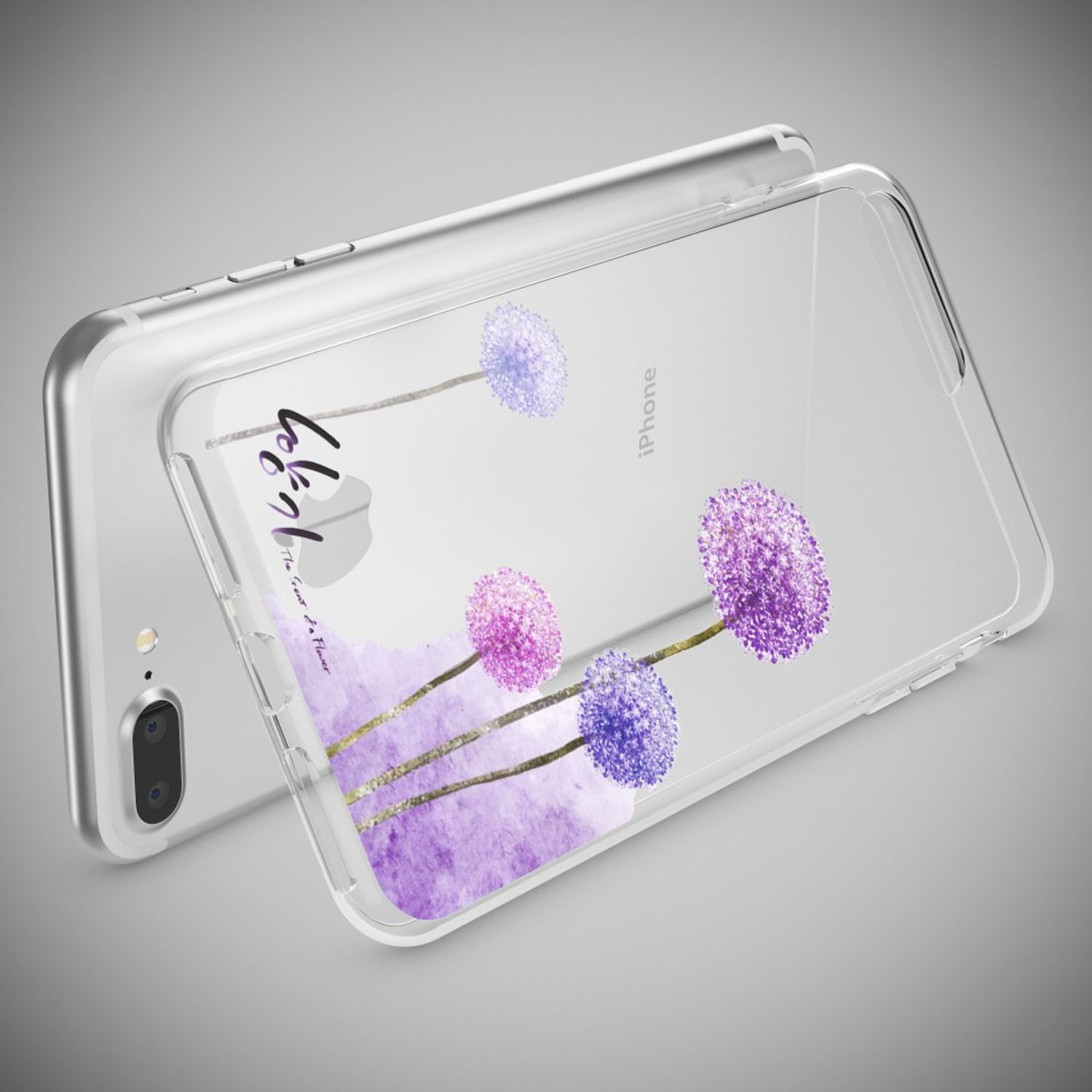 Klare Handyhülle mit lila Blumendesign auf einem iPhone.