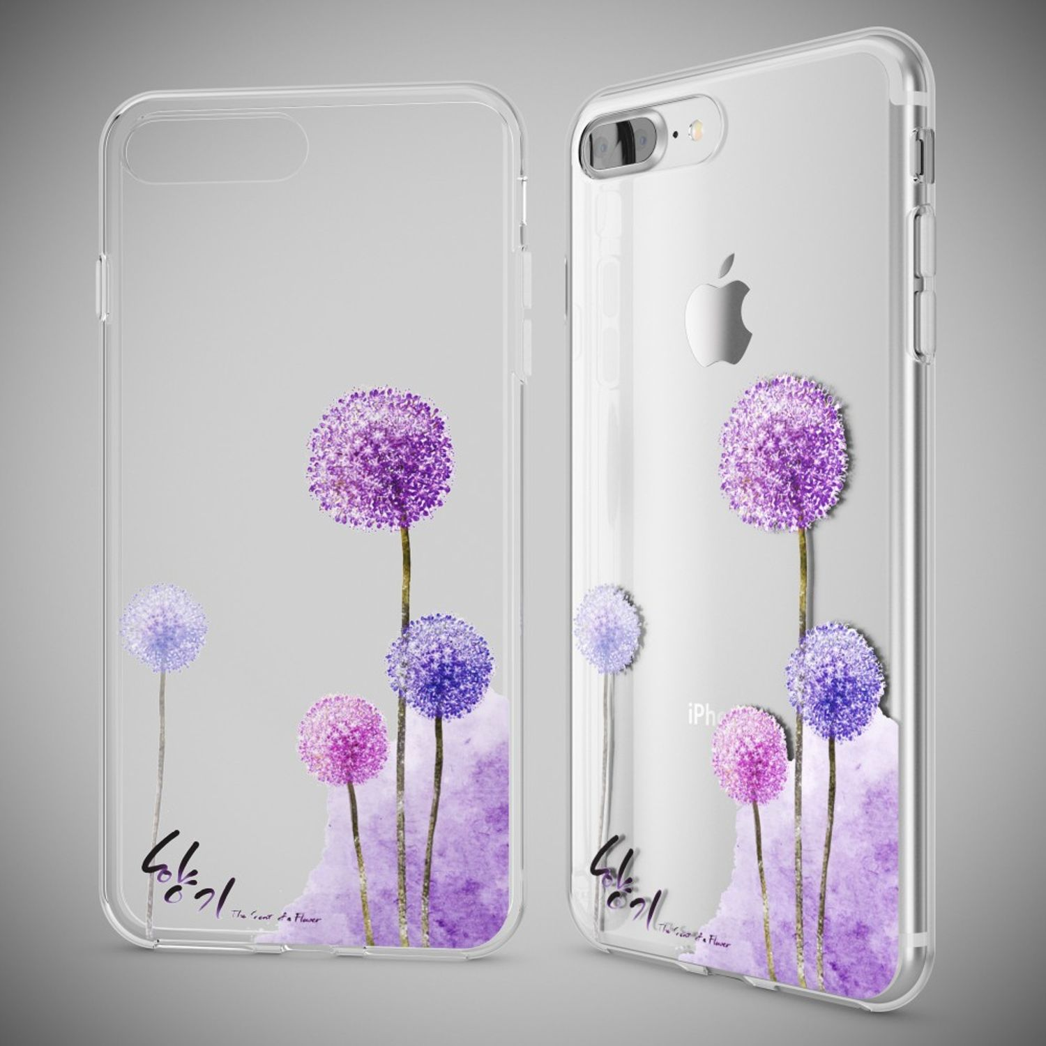 Transparente Handyhülle mit lila Blumendesign. Die Hülle befindet sich auf einem Telefon, das die Rückseite und die Vorderseite zeigt.