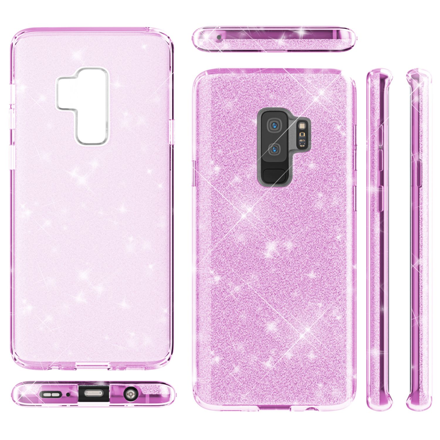 Una custodia per telefono rosa glitterata. Viste multiple: anteriore, posteriore, laterali e superiore/inferiore.