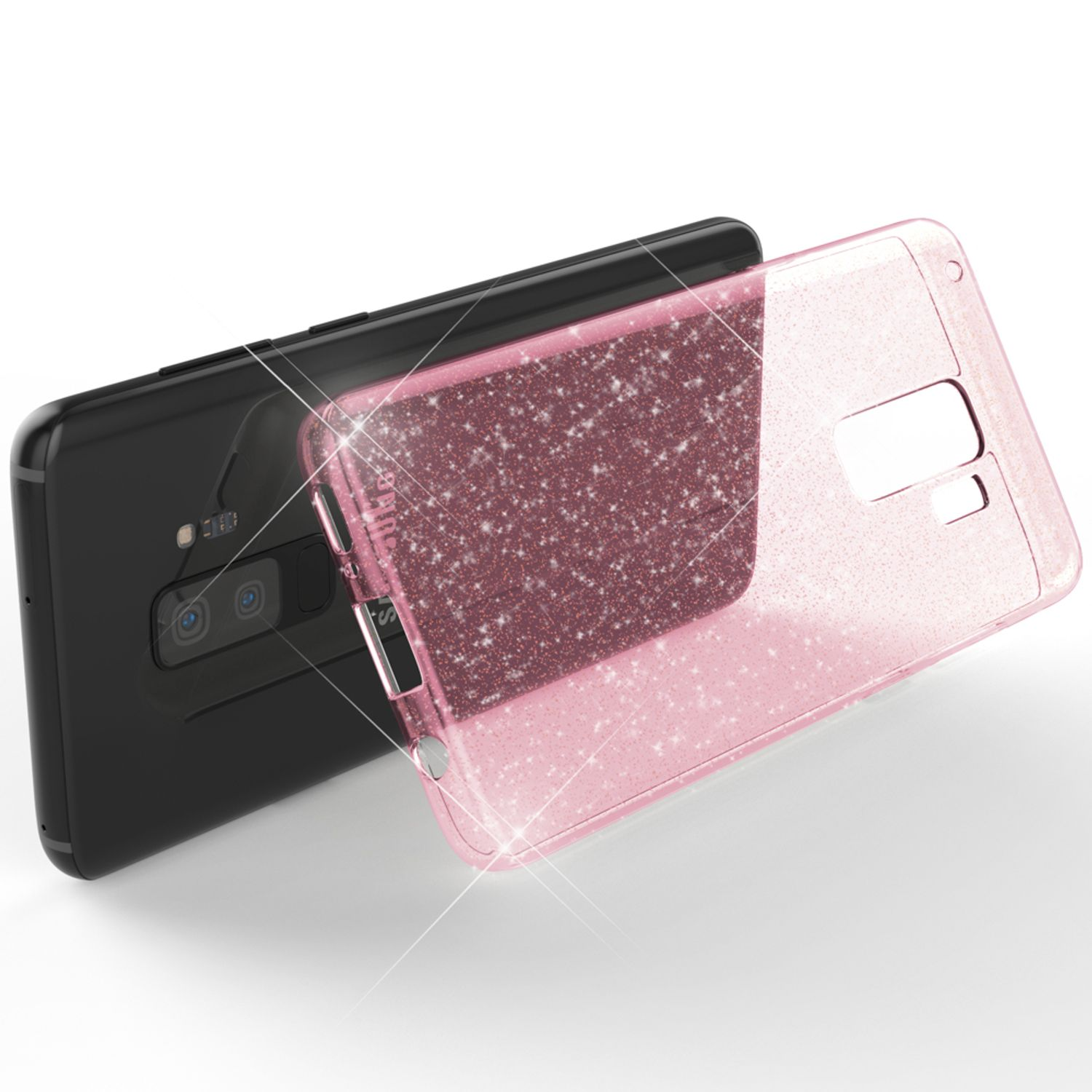 Ein Telefon und eine rosa glitzernde Hülle, wobei das Telefon teilweise in der Hülle liegt.