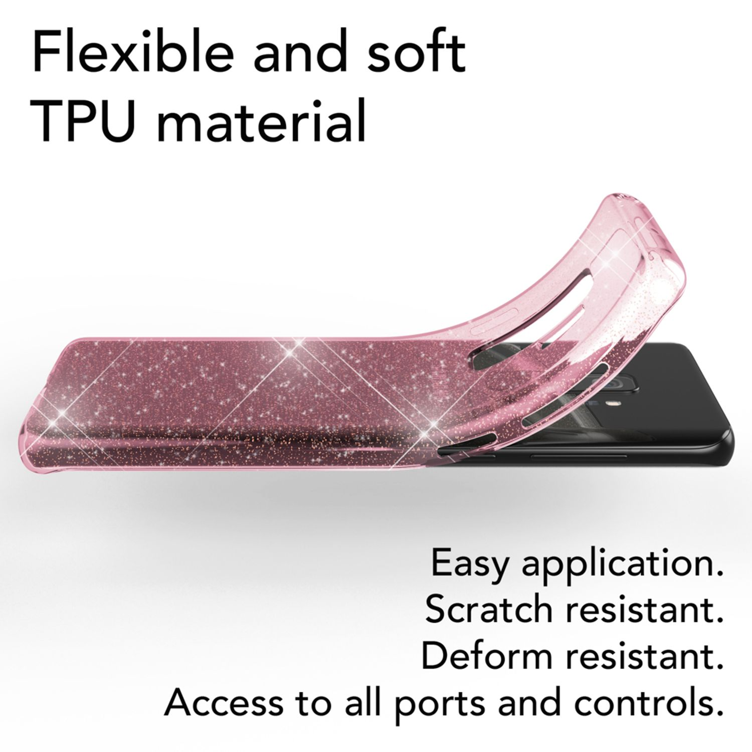 Eine rosa Glitzer-Handyhülle wird mit dem Telefon gezeigt. Die Hülle ist flexibel und kratzfest.
