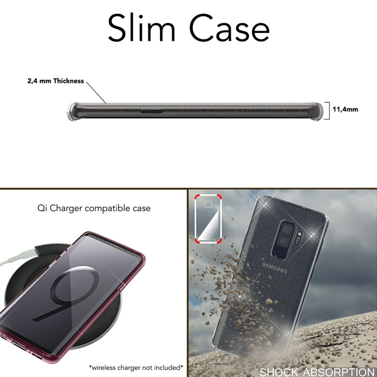 Eine schwarze Handyhülle mit einem Telefon darin. Die Hülle befindet sich auf einer weißen Oberfläche mit dem Text 'SLIM CASE'.