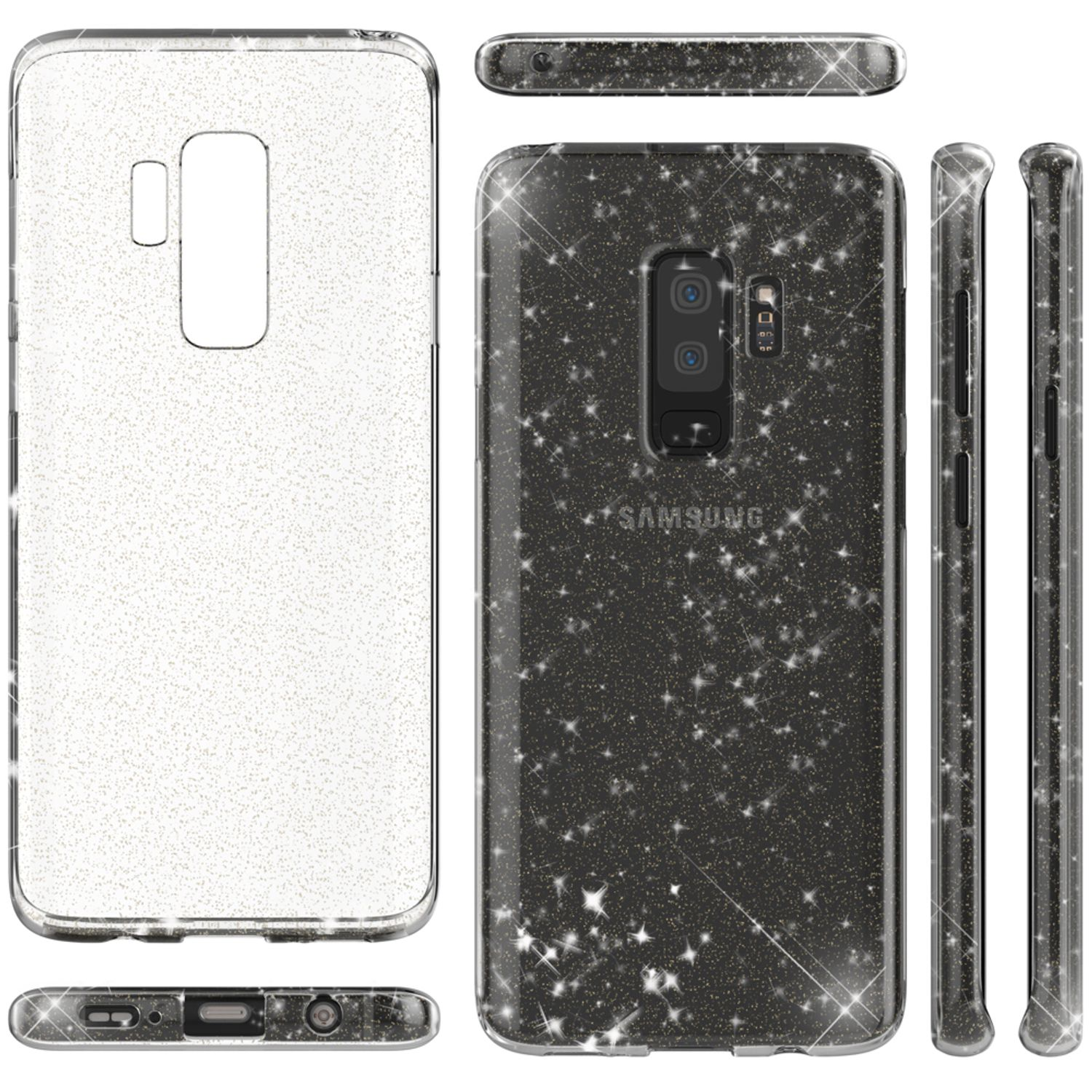 Glitzernde Samsung-Handyhülle. Zeigt die Hülle aus verschiedenen Blickwinkeln. Klares Design.
