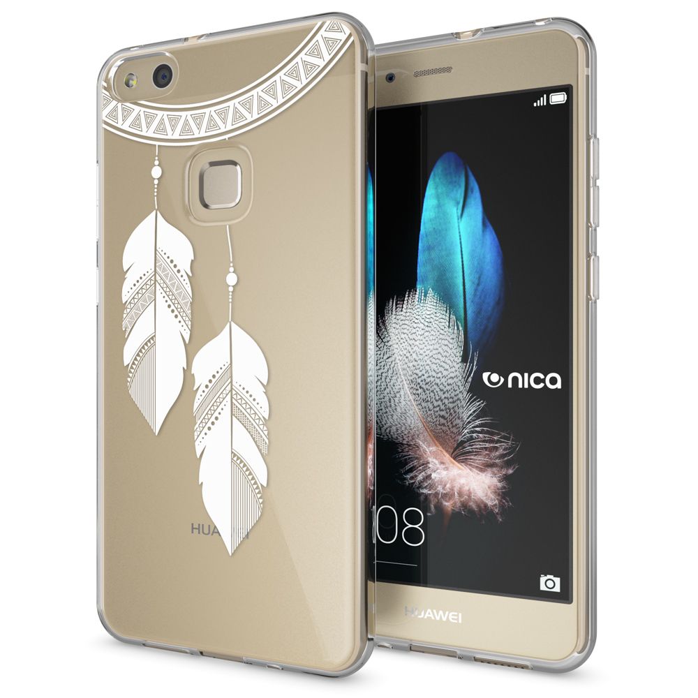 Transparente Handyhülle mit weißem Federdesign auf einem goldenen Telefon.